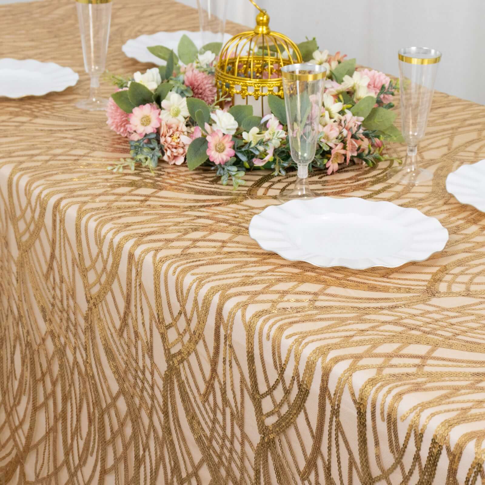 Exclusive Gold Mesh Rectangle Tablecloth with Wave Sequin Embroidered Design for Elegant Occasions