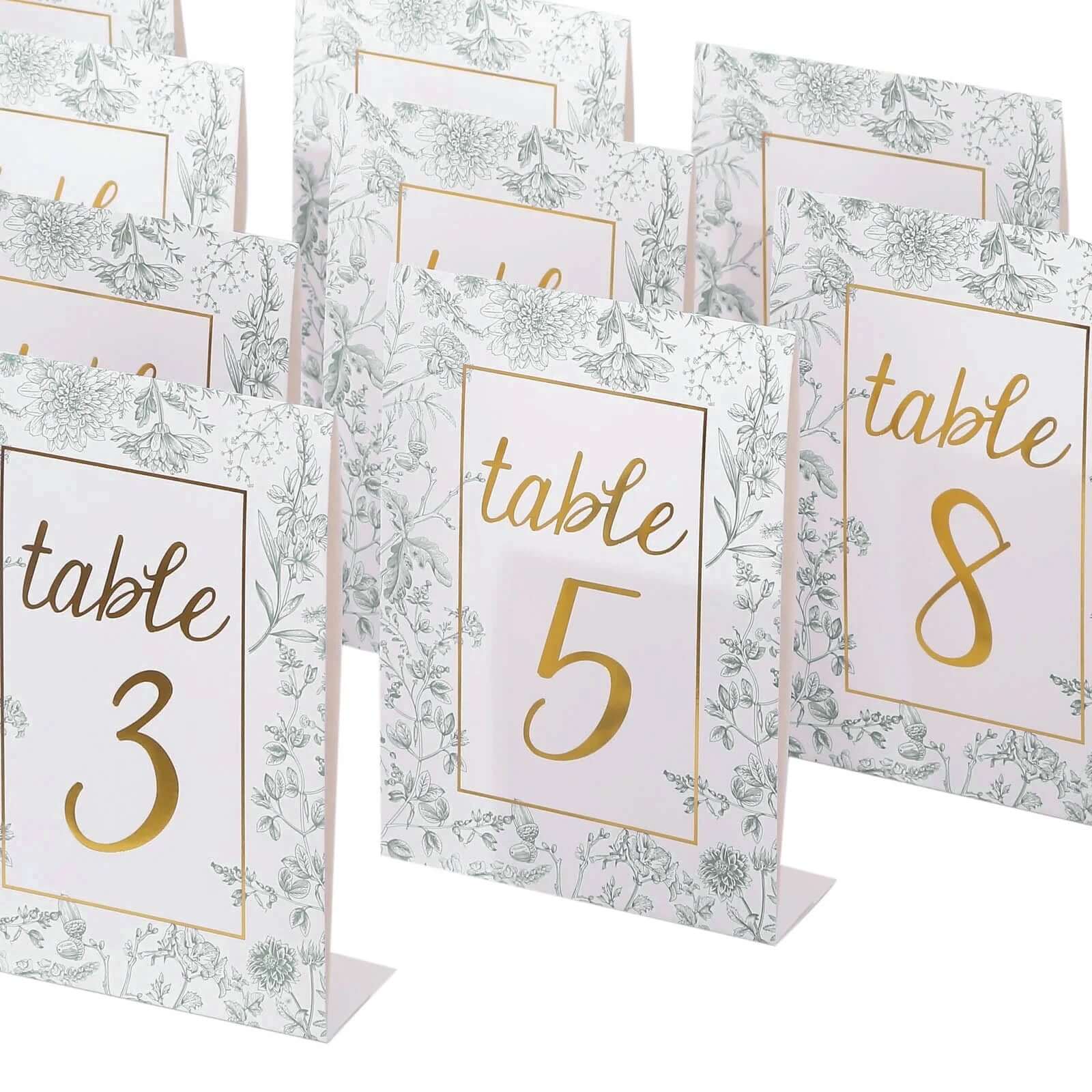 25-Pack Wedding Table Numbers 1 - 25: White/Sage Green French Toile Design with Gold Foil, Free Standing Double Sided Signs
