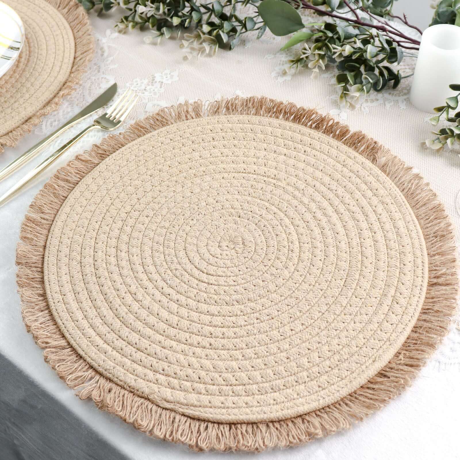 4-Pack Natural Rustic Burlap Jute Round Placemats with Fringed Edge - Farmhouse Style Table Decor
