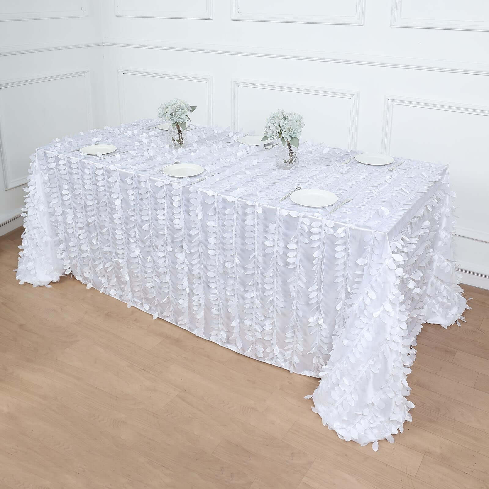 White Taffeta Rectangle Tablecloth 90x132 | 3D Leaf Petal Design for Elegant Weddings & Events