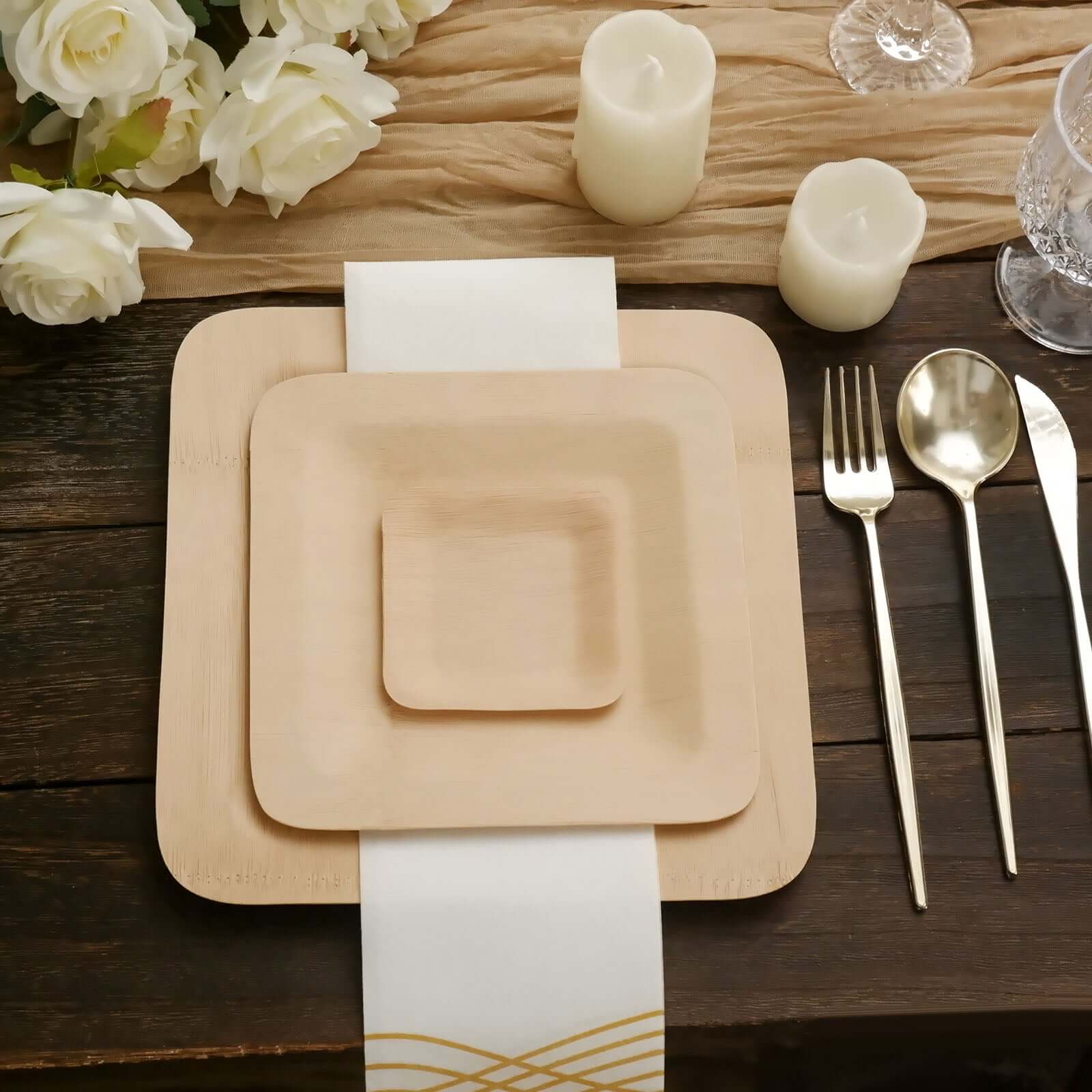 10-Pack Natural Bamboo 9 Square Dinner Plates - Eco-Friendly Disposable for Events