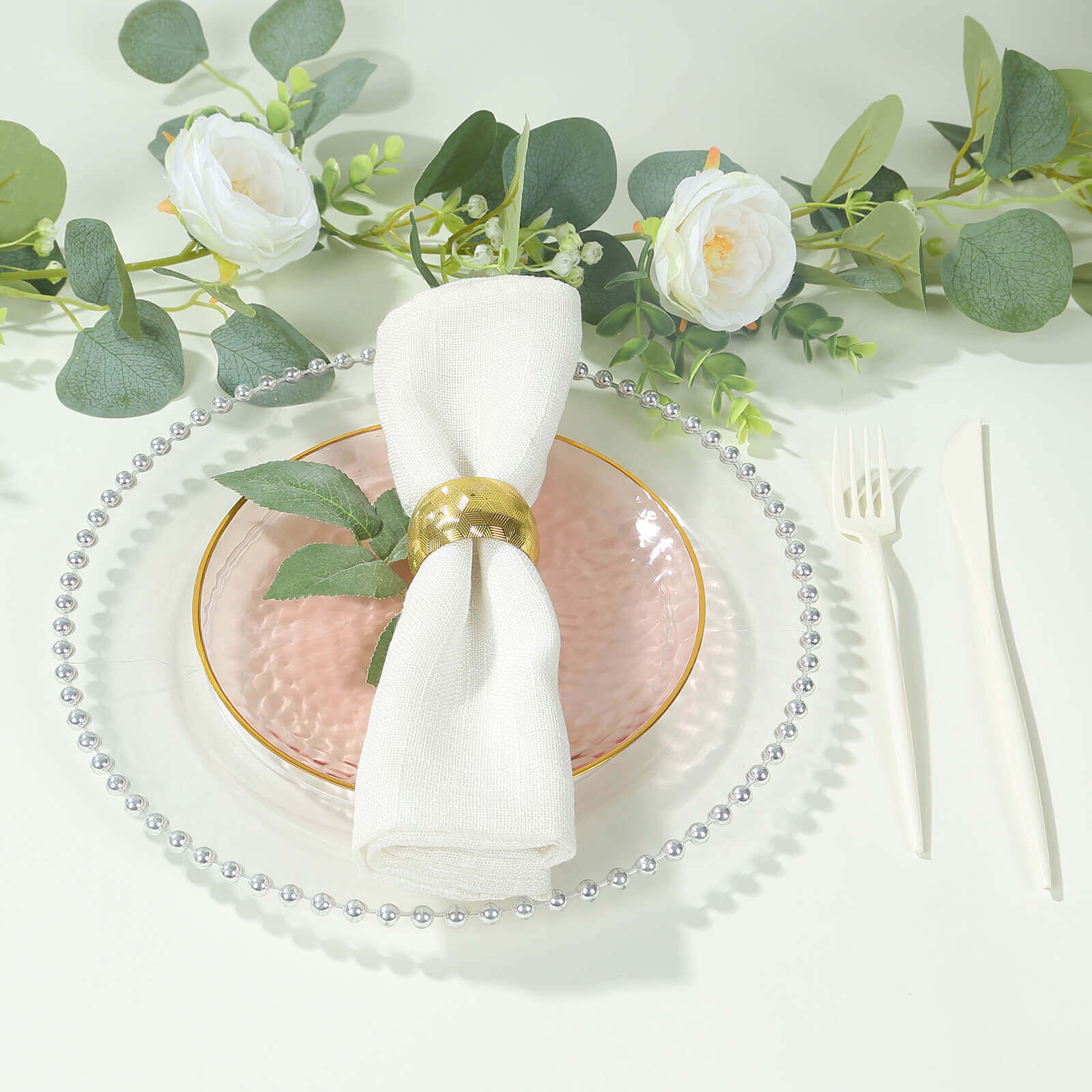 10-Pack Transparent Blush Hammered Plastic Round Dessert Plates with Gold Rim - Disposable & Modern