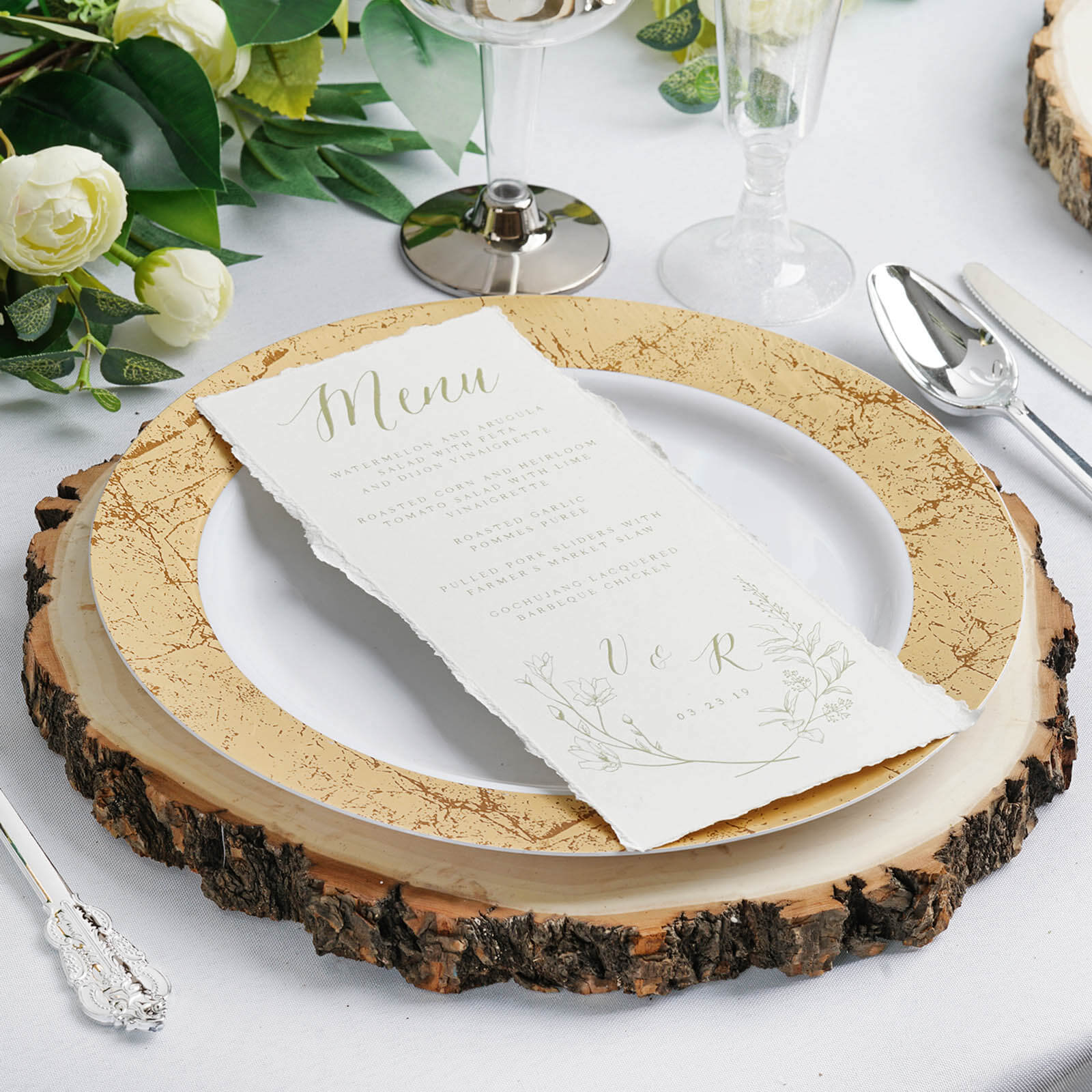 12 Pieces Natural Poplar Wood Charger Plates with Bark Edge for Rustic Weddings