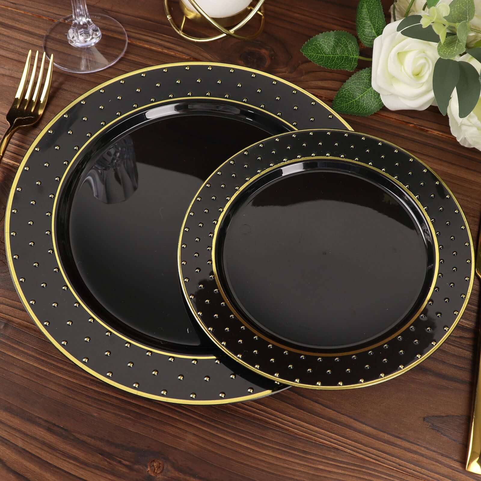 Get 10-Pack Durable Disposable Black Plastic Dessert Plates with Gold 3D Dotted Rim for Events