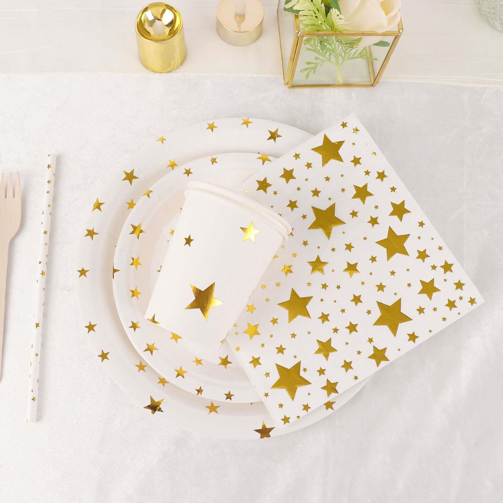 Hot Sale! 120-Piece Disposable Paper Dinnerware Set with White and Gold Star Design
