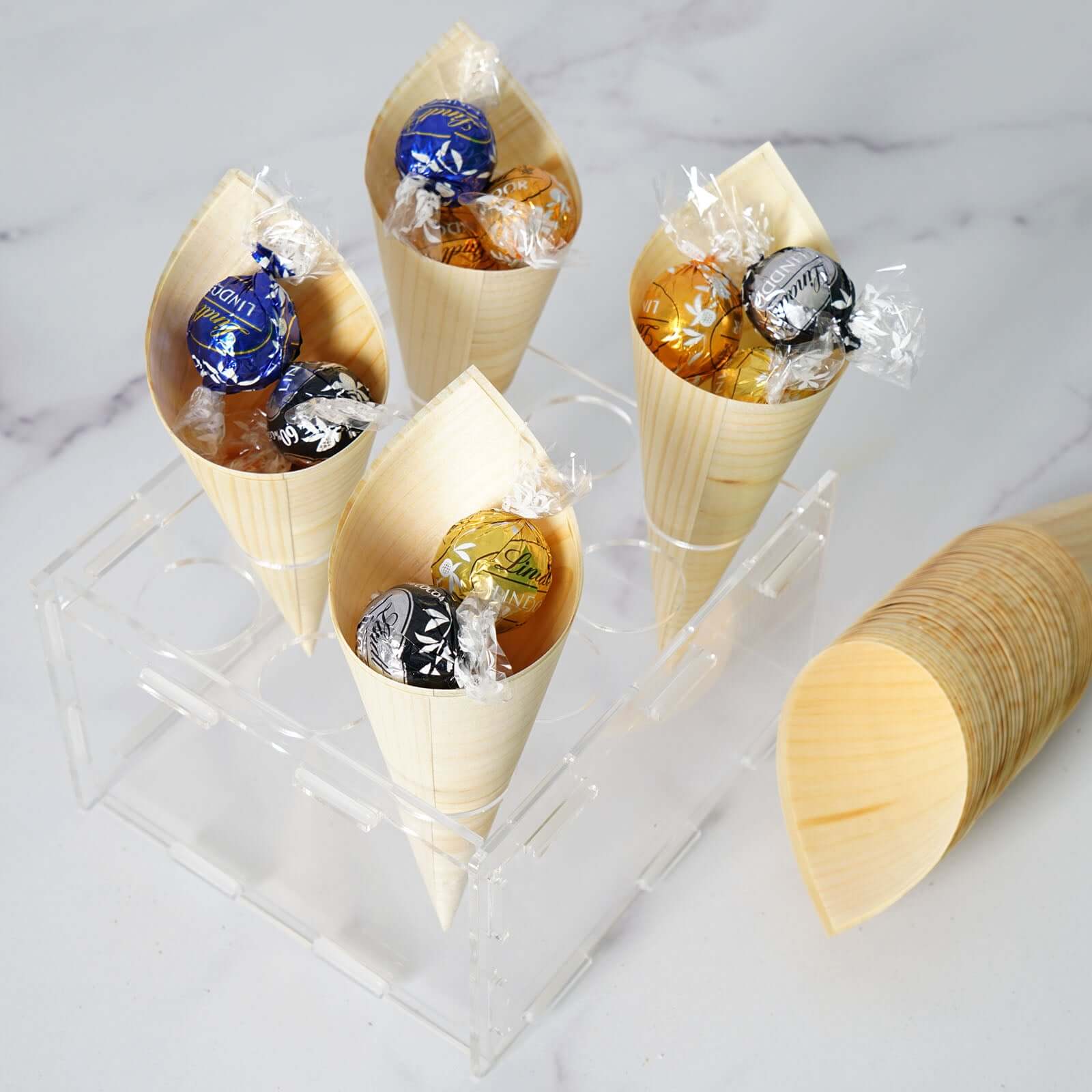 Get 50-Pack Eco-Friendly Natural Pine Wood Disposable Food Tasting and Serving Cones, 6 Inches