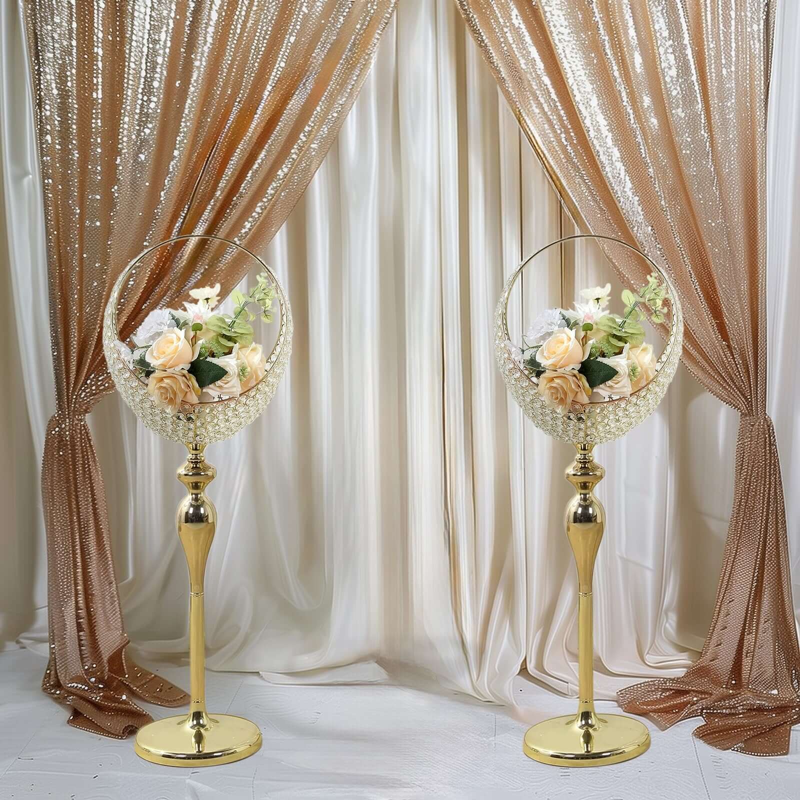 3ft Tall Gold Metal Crystal Beaded Candle Holder Stand - Ideal Wedding Flower Centerpiece