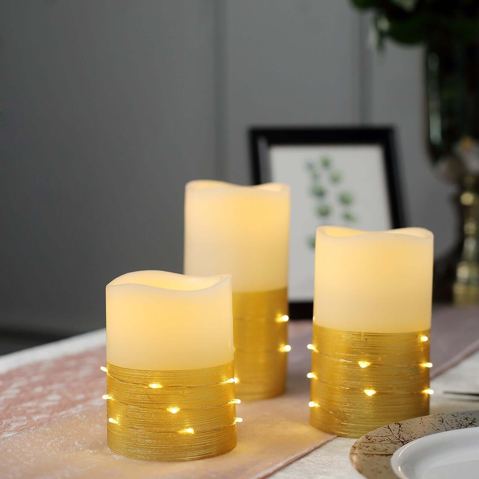 Remote-Controlled Set of 3 Gold LED Flameless Pillar Candles with Fairy String Lights (4', 5', 6')