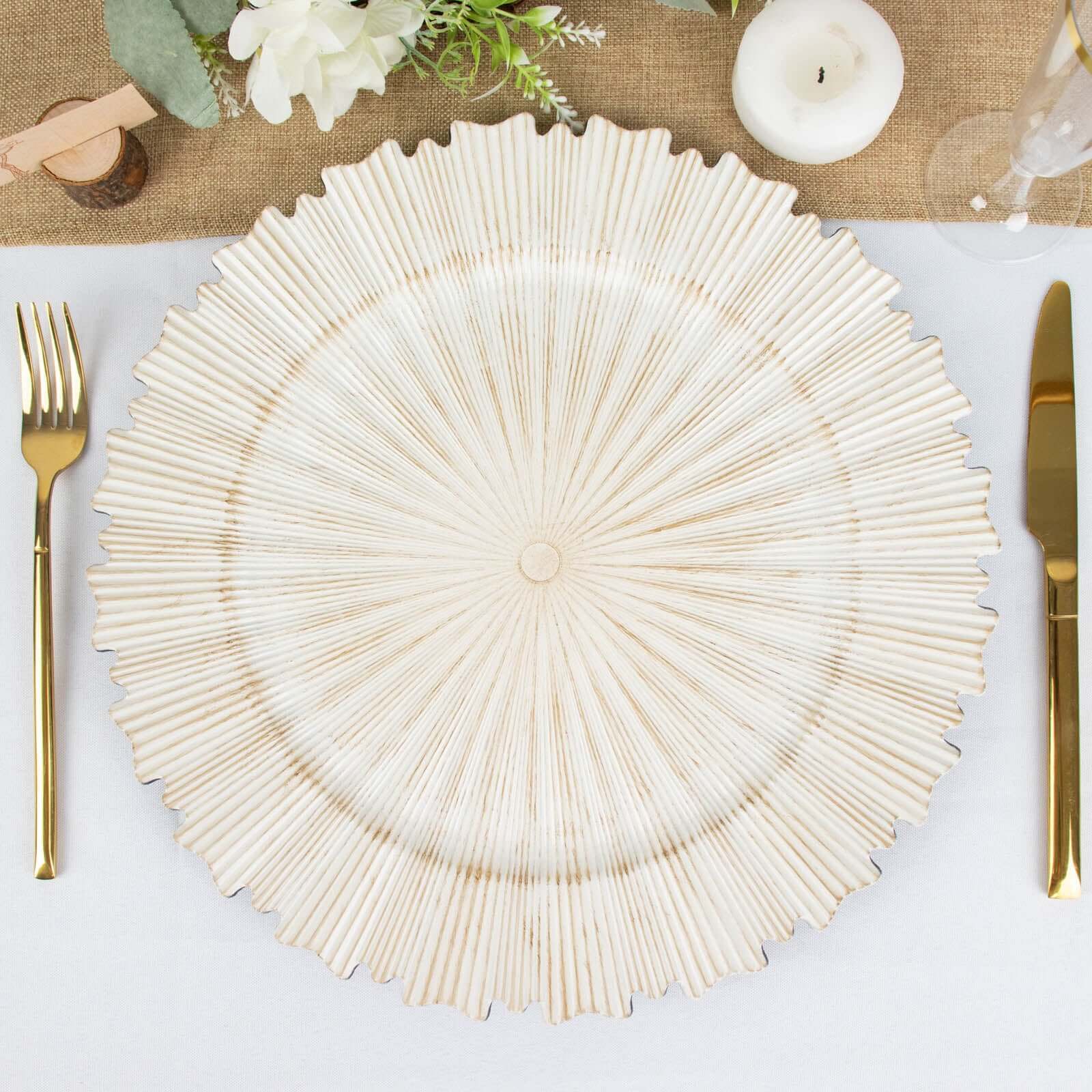 6-Piece Set of 13-Inch Washwhite Acrylic Charger Plates with Sunray Scalloped Rim for Dinner Parties