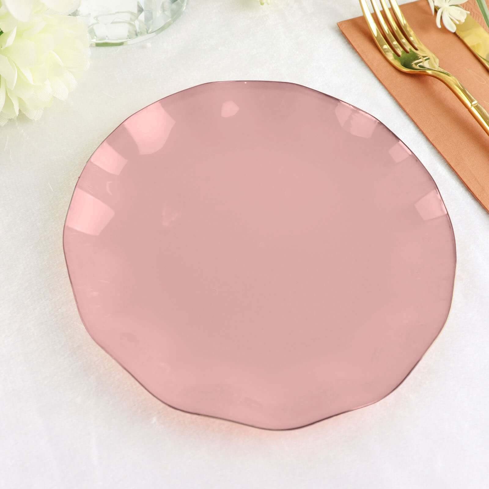 10-Pack Sturdy Disposable Dusty Rose Plastic Round Dessert Plates with Gold Ruffled Edging