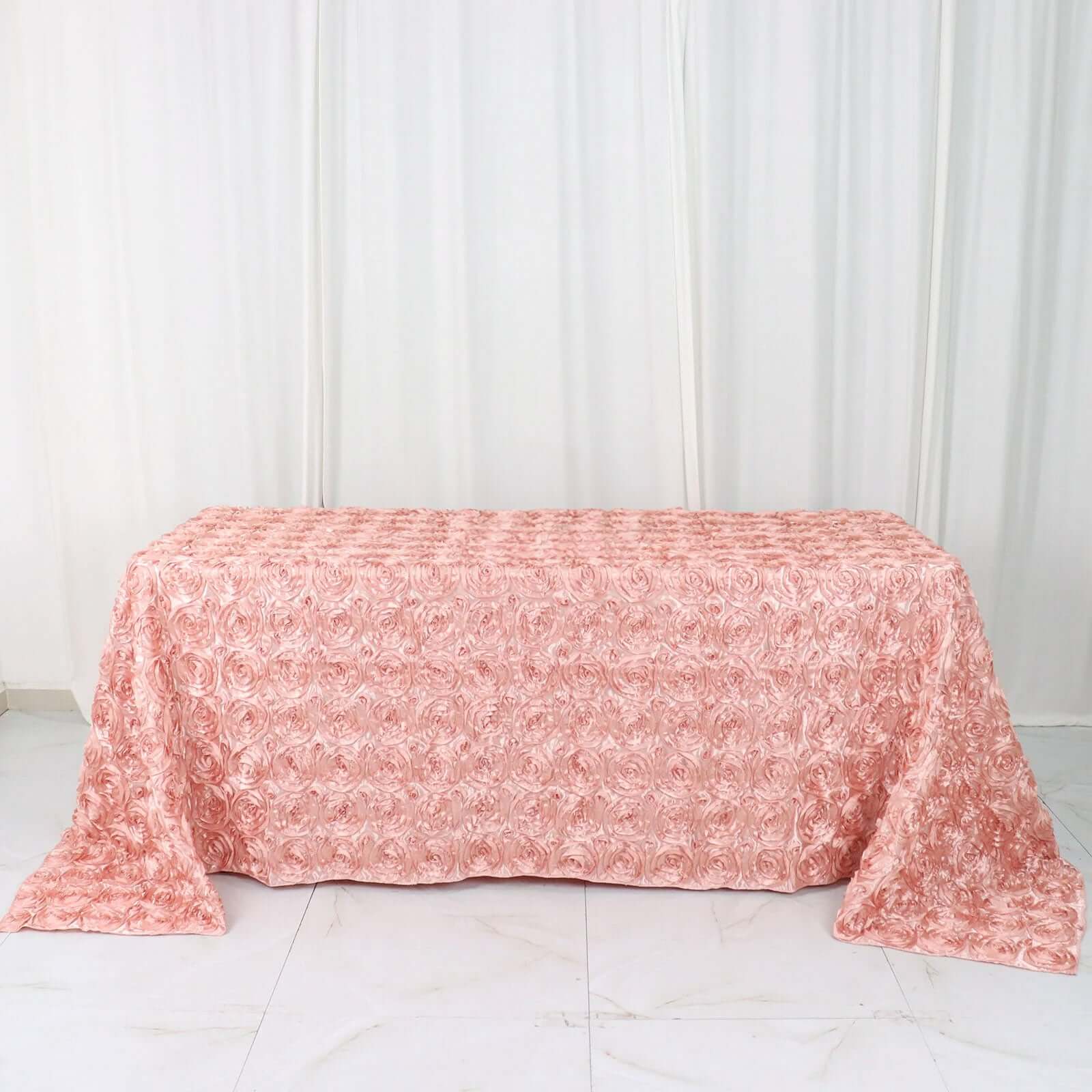 Luxurious Dusty Rose Satin 90x132 Rectangle Tablecloth with 3D Rosette Design