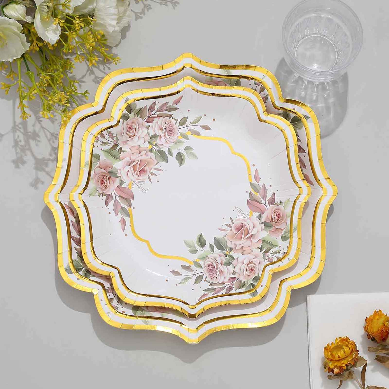 25-Pack Disposable 8-Inch White Floral Gold-Scalloped Dessert Plates for Events
