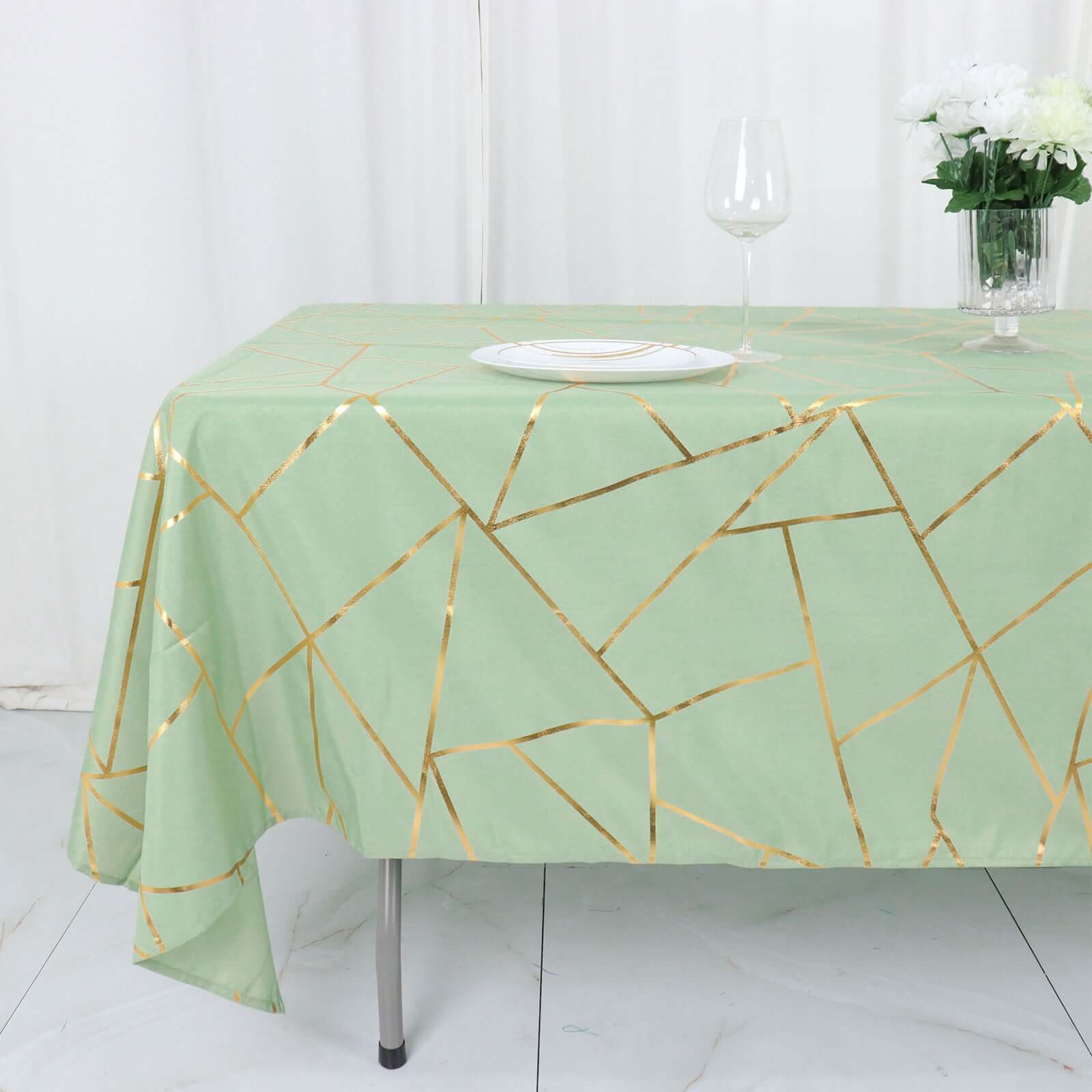 Hot Sale! Wrinkle-Resistant & Durable Polyester Rectangle Tablecloth in Sage Green with Gold Foil Geometric Design (60x102)