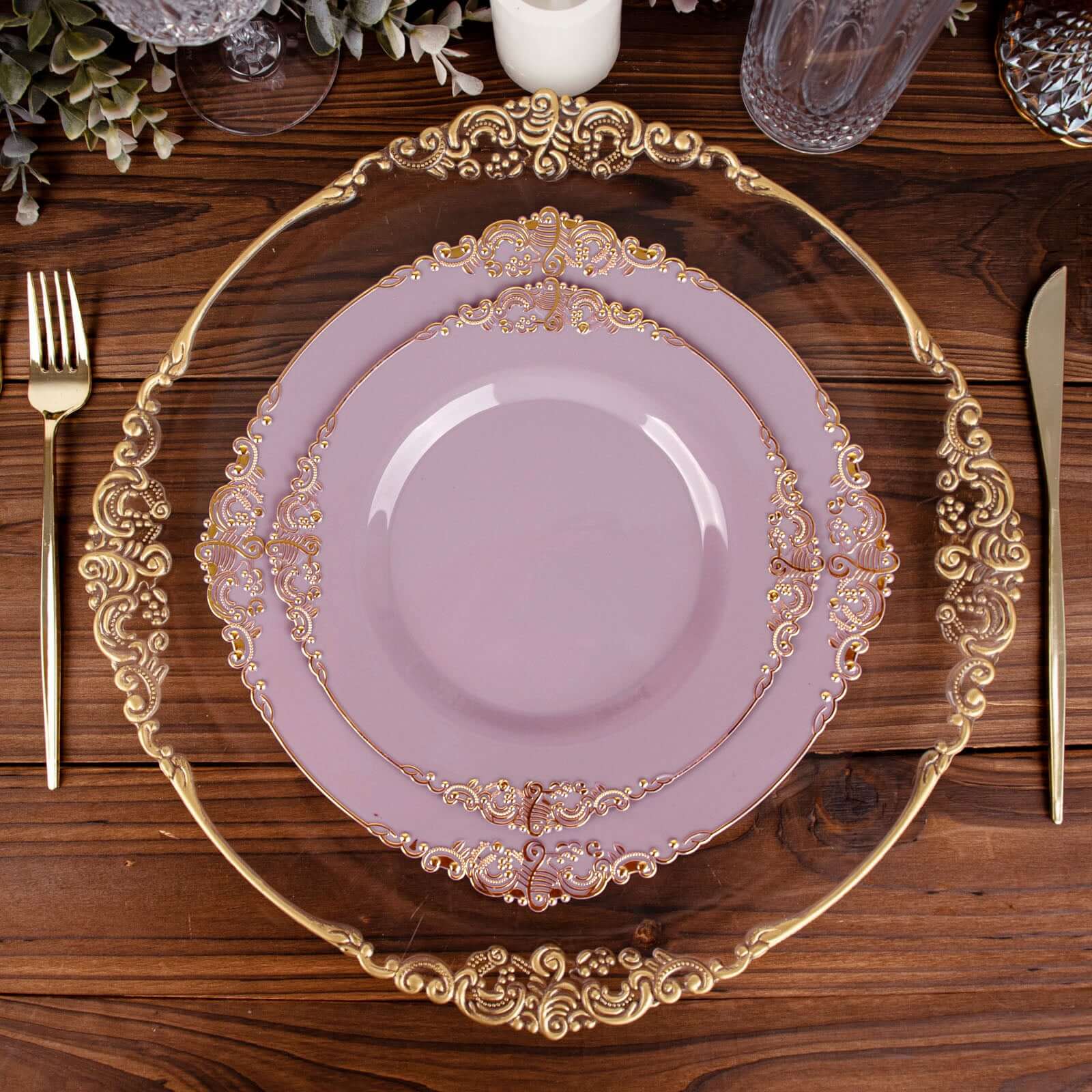 Hot Deal! 10-Pack Disposable Plastic Round Dinner Plates in Lavender Lilac with Gold Leaf Embossed Rim, Vintage Baroque Style