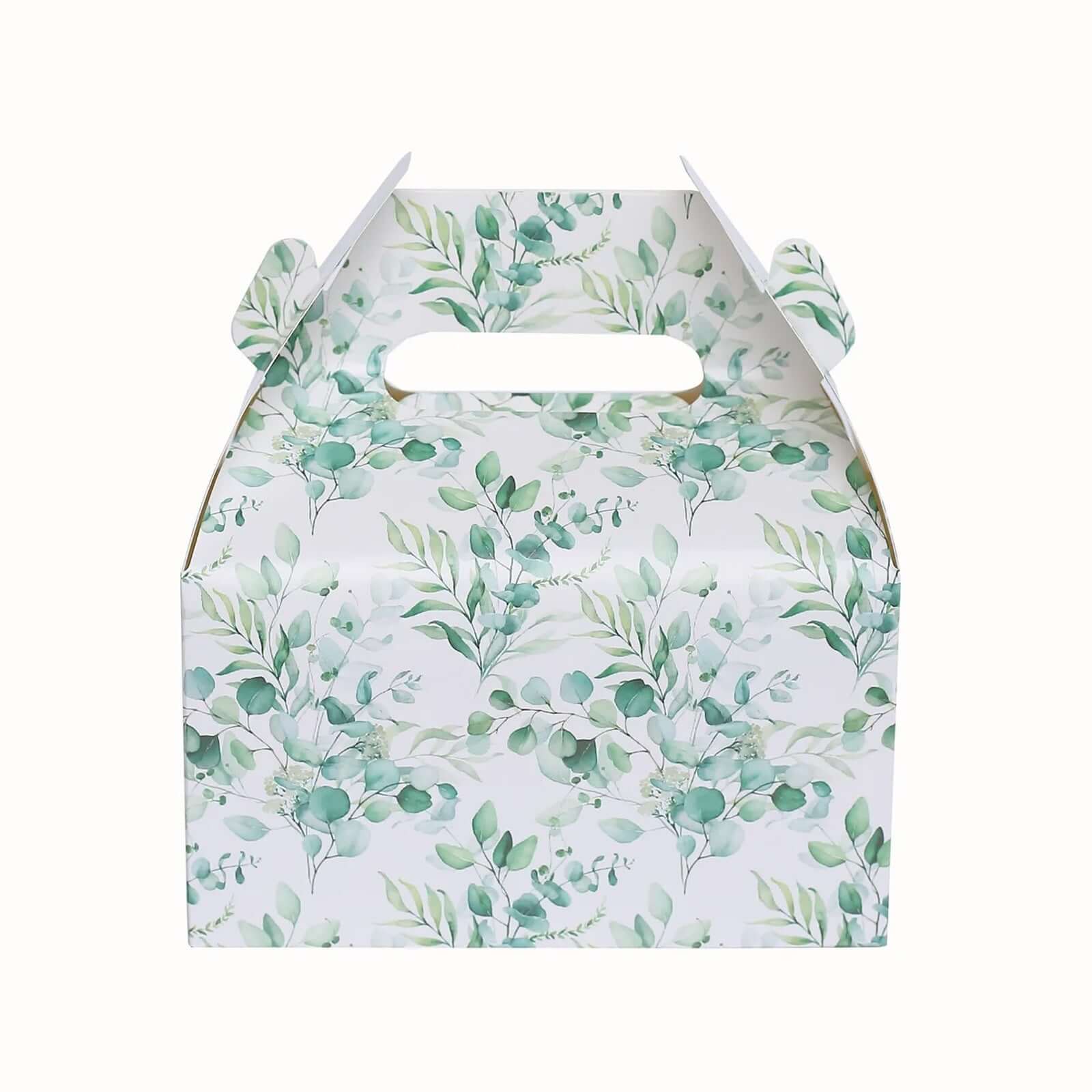 25-Pack White and Green Eucalyptus Leaves Printed Tote Gable Party Favor Boxes, 6x3.5x7