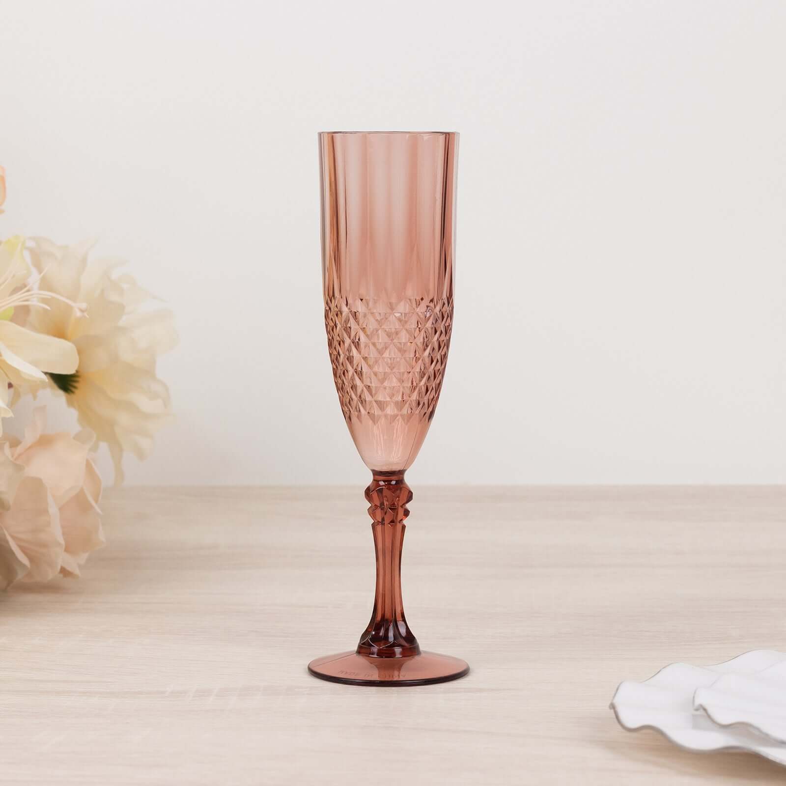 Hot Deal! 6-Pack Reusable 8oz Dusty Rose Plastic Champagne Toast Flutes with Crystal Cut Style