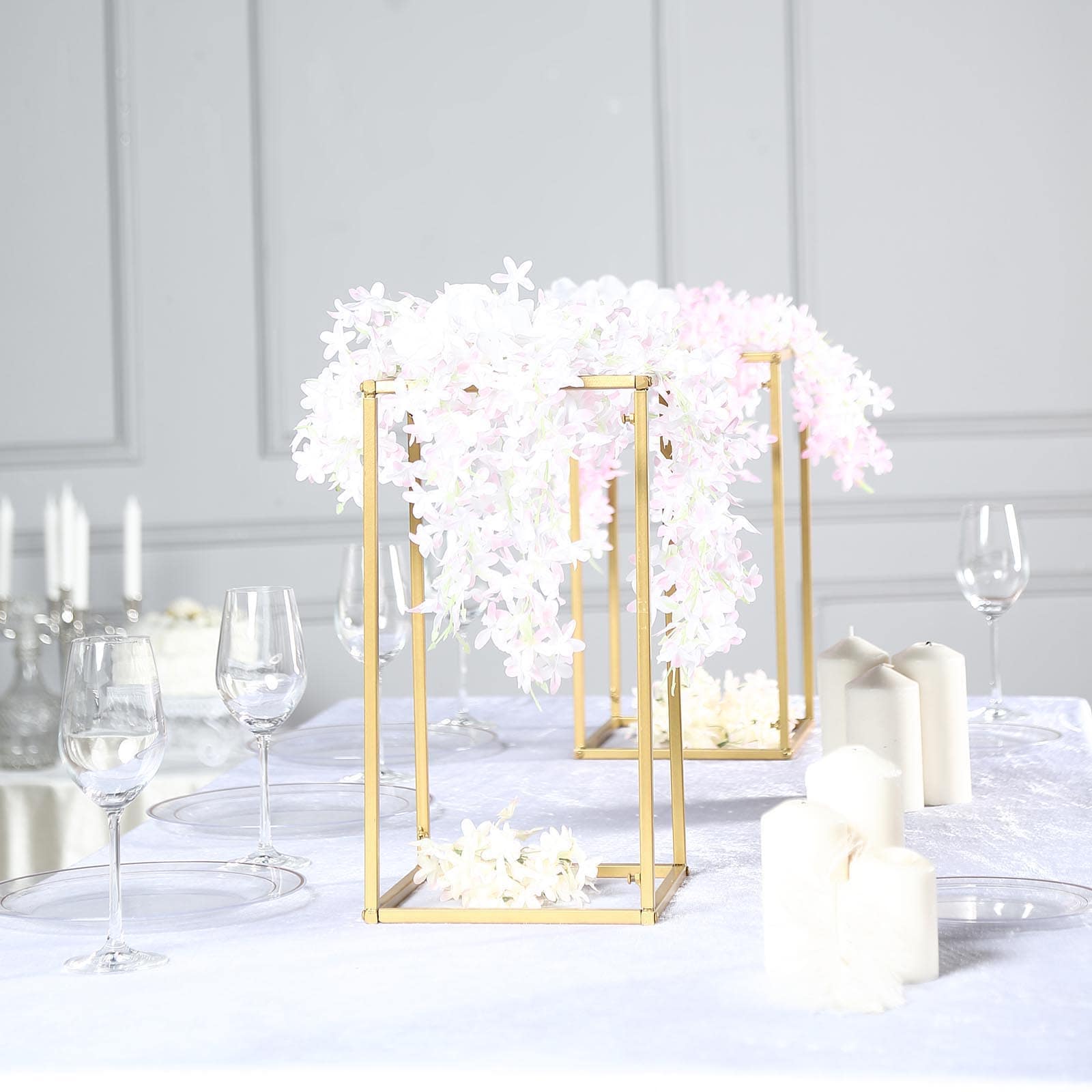 2-Pack Matte Gold Metal Rectangular Geometric Column Flower Stand for Elegant Floral Arrangements