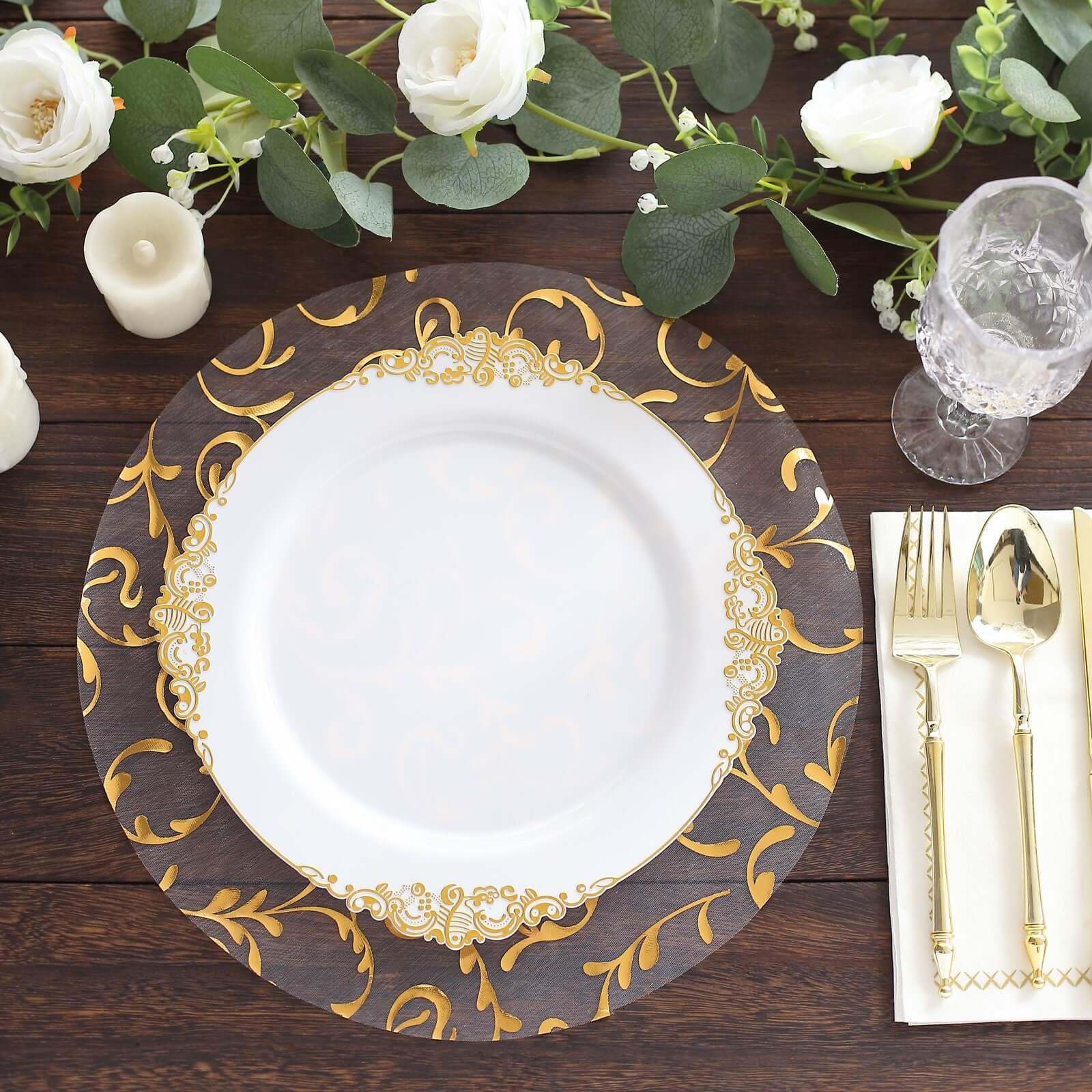 Hot Deal! 10-Pack Metallic Gold Round Organza Disposable Table Placemats with Embossed Foil Flower Design