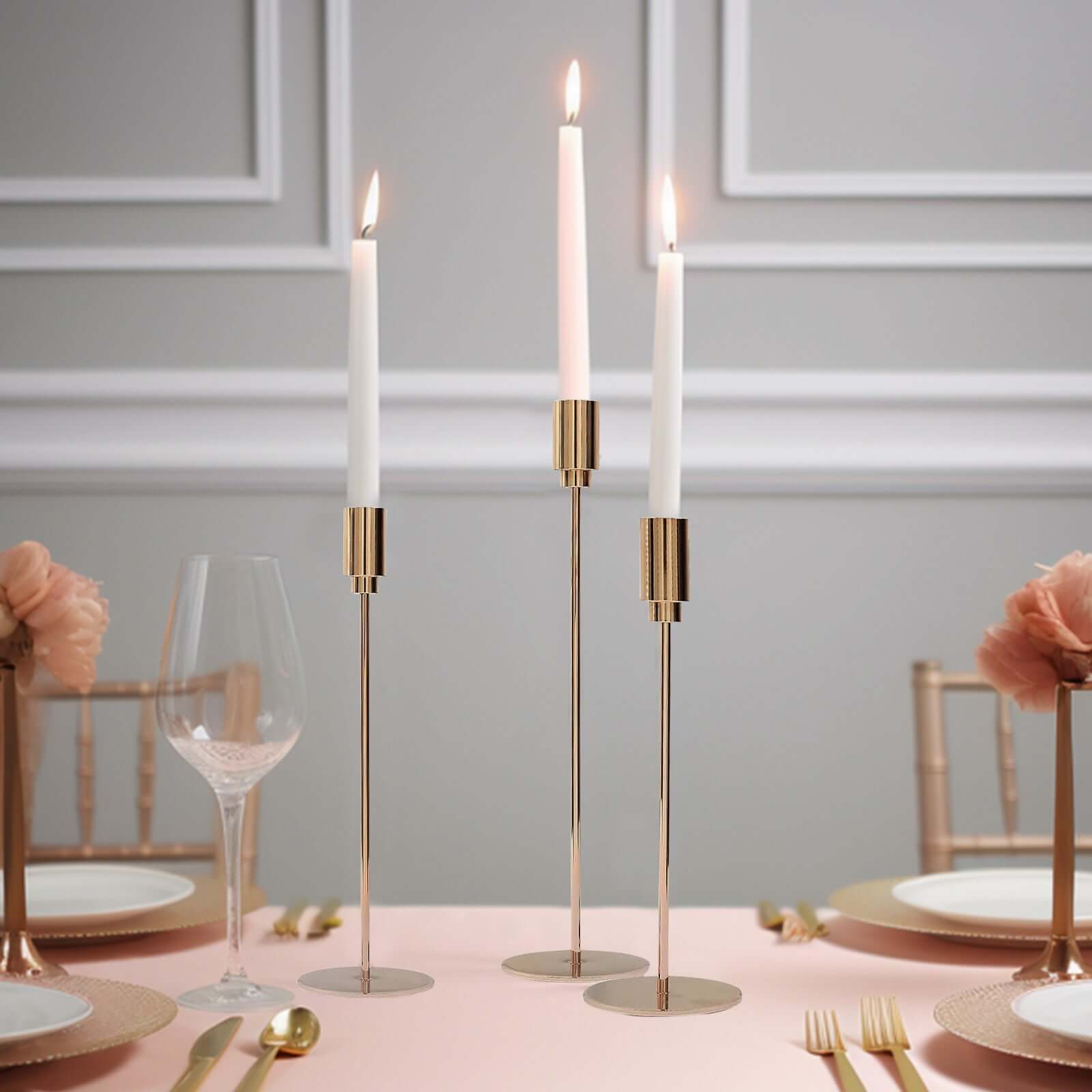 Gold Metal Set of 3 Taper Candle Stands with Round Base - Ideal for Weddings