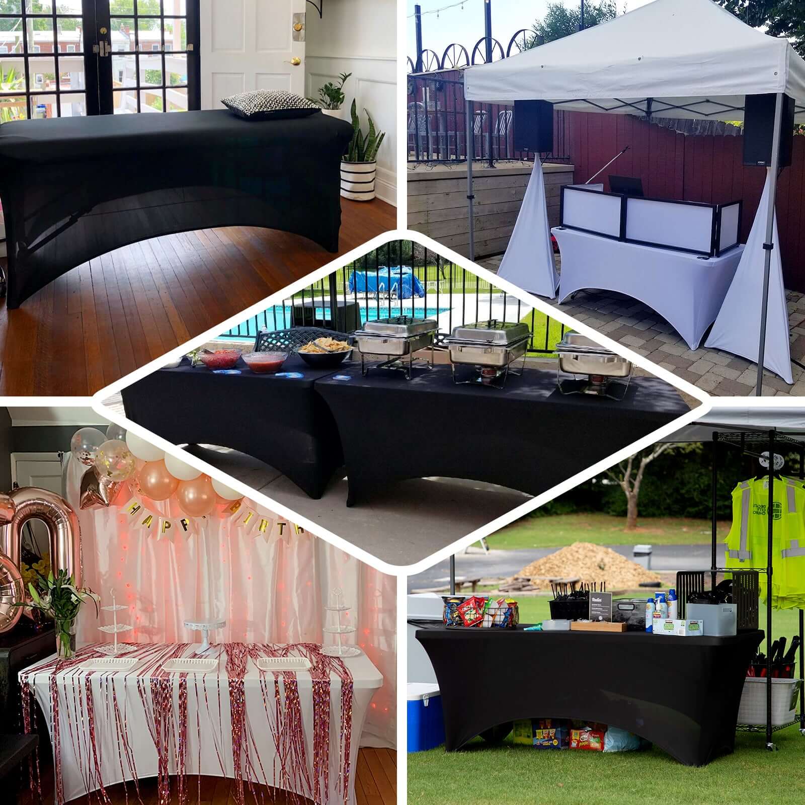 Navy Blue Stretch Spandex 96x30 Rectangle Table Cover with Curved Open Back - Professional Look