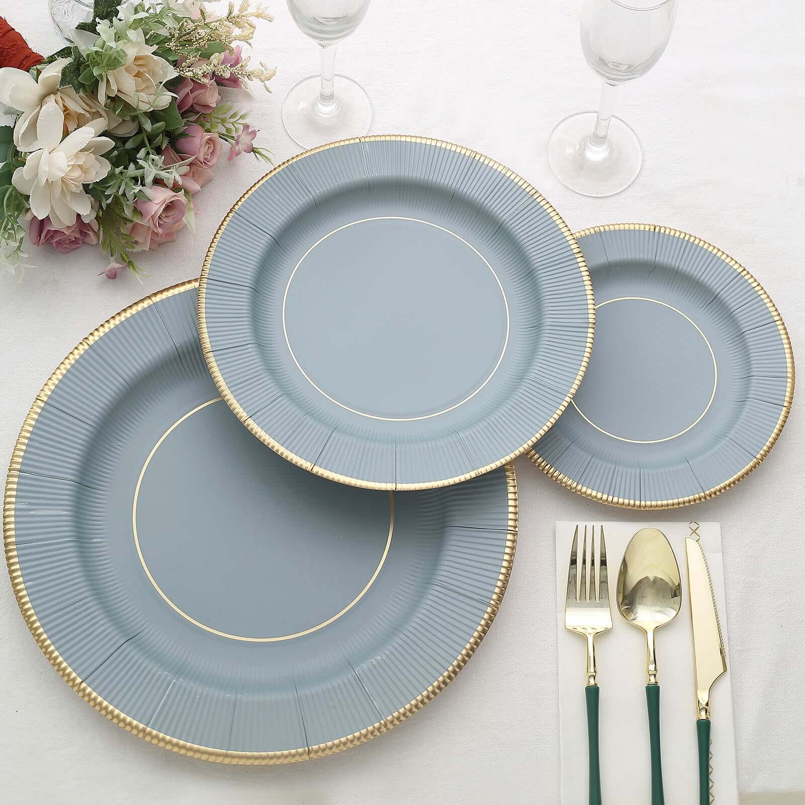 25-Piece Set of 8-Inch Disposable Dusty Blue Sunray Design Paper Dessert Plates with Gold Rim