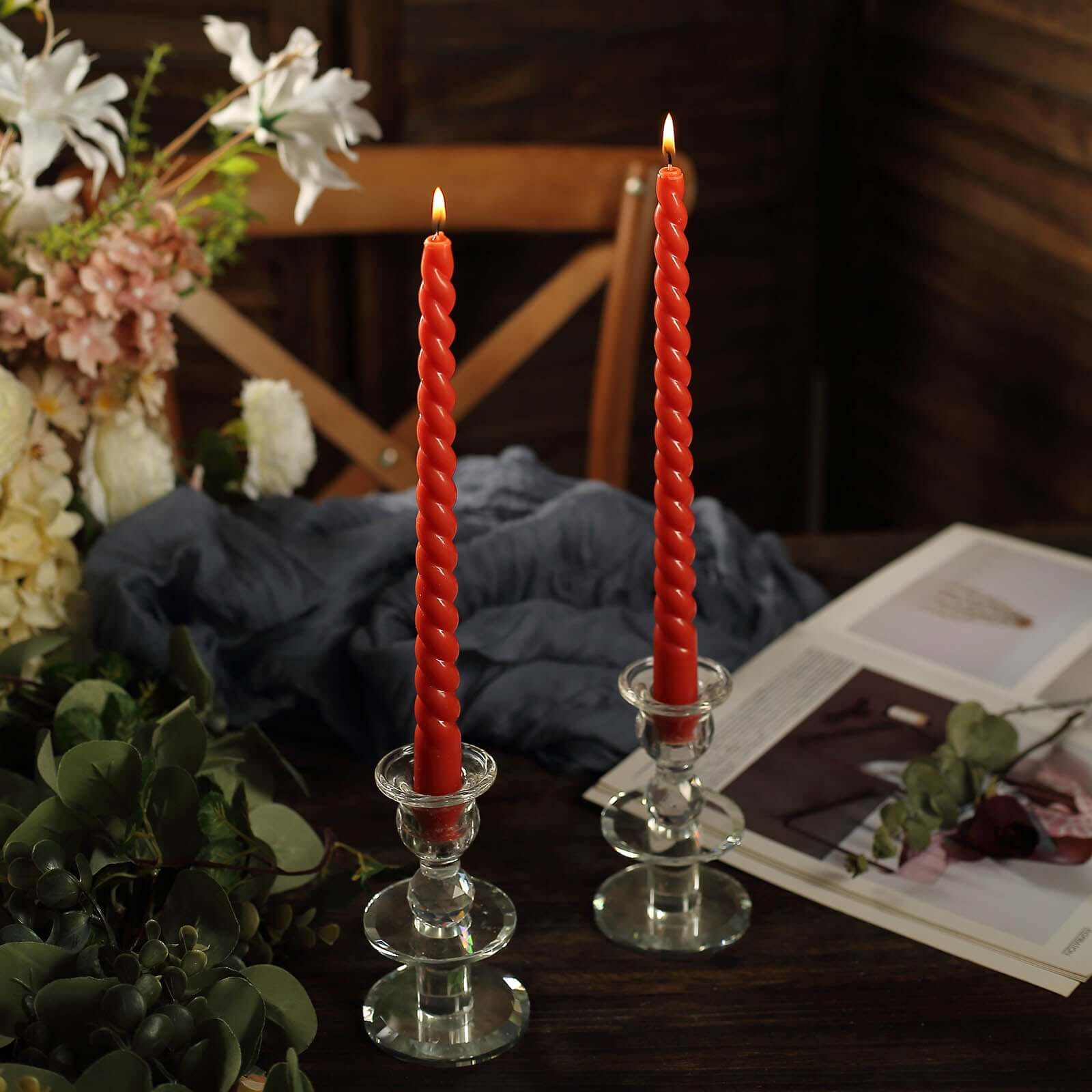 Premium 12-Pack Unscented Terracotta (Rust) Spiral Taper Dinner Candles, 11.25