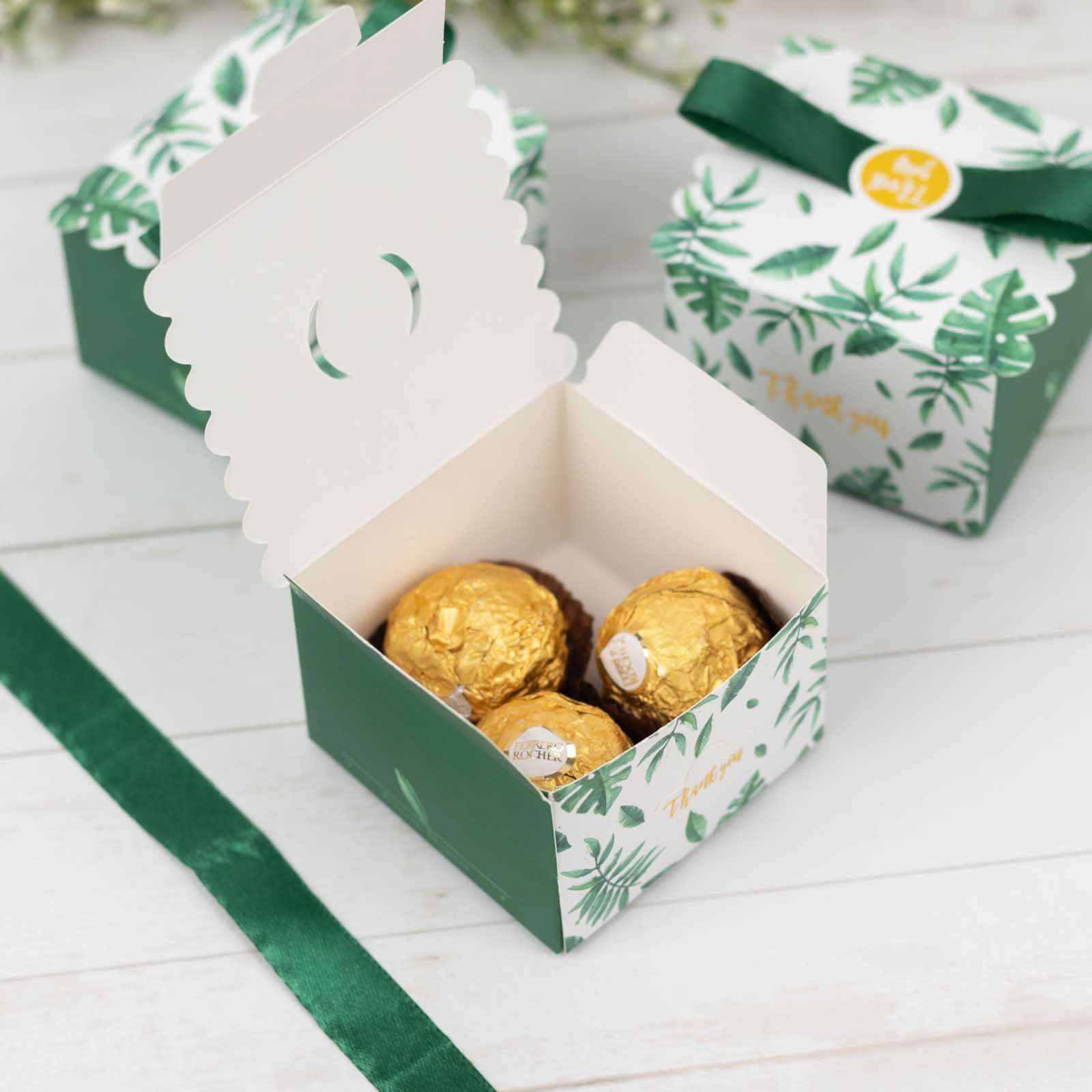 25-Piece Set of Green Monstera Leaf Printed Candy Gift Boxes with Satin Ribbon Bows