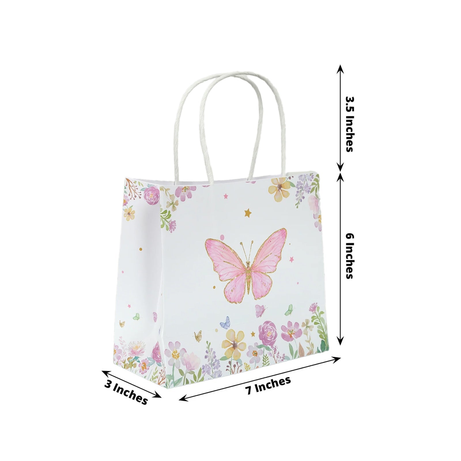 12-Pack Pink Glitter Butterfly Floral Print White Gift Bags with Handles - Ideal for Various Occasions
