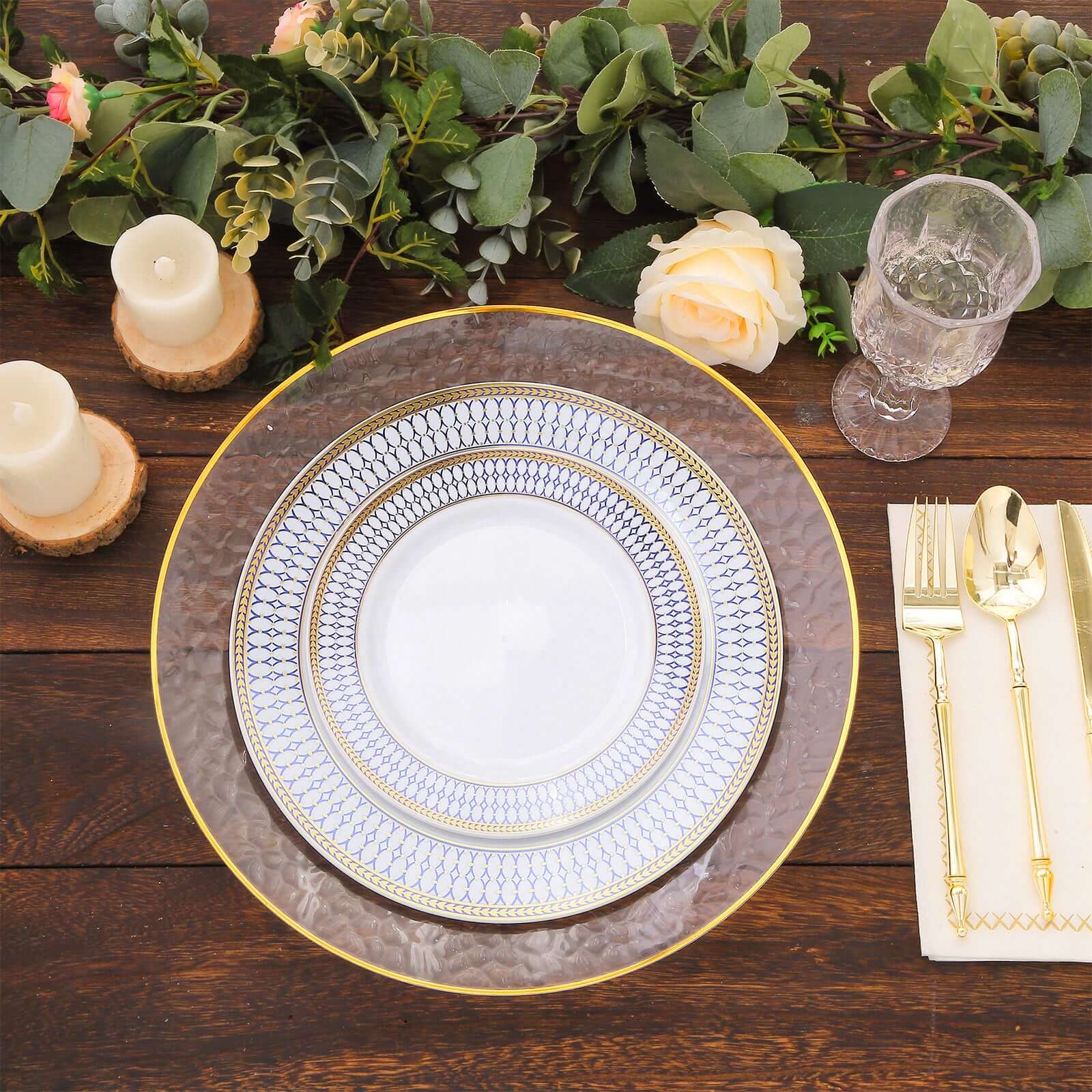 10-Pack White Disposable Dinner Plates with Gold and Navy Blue Chord Rim - Renaissance Style for Events