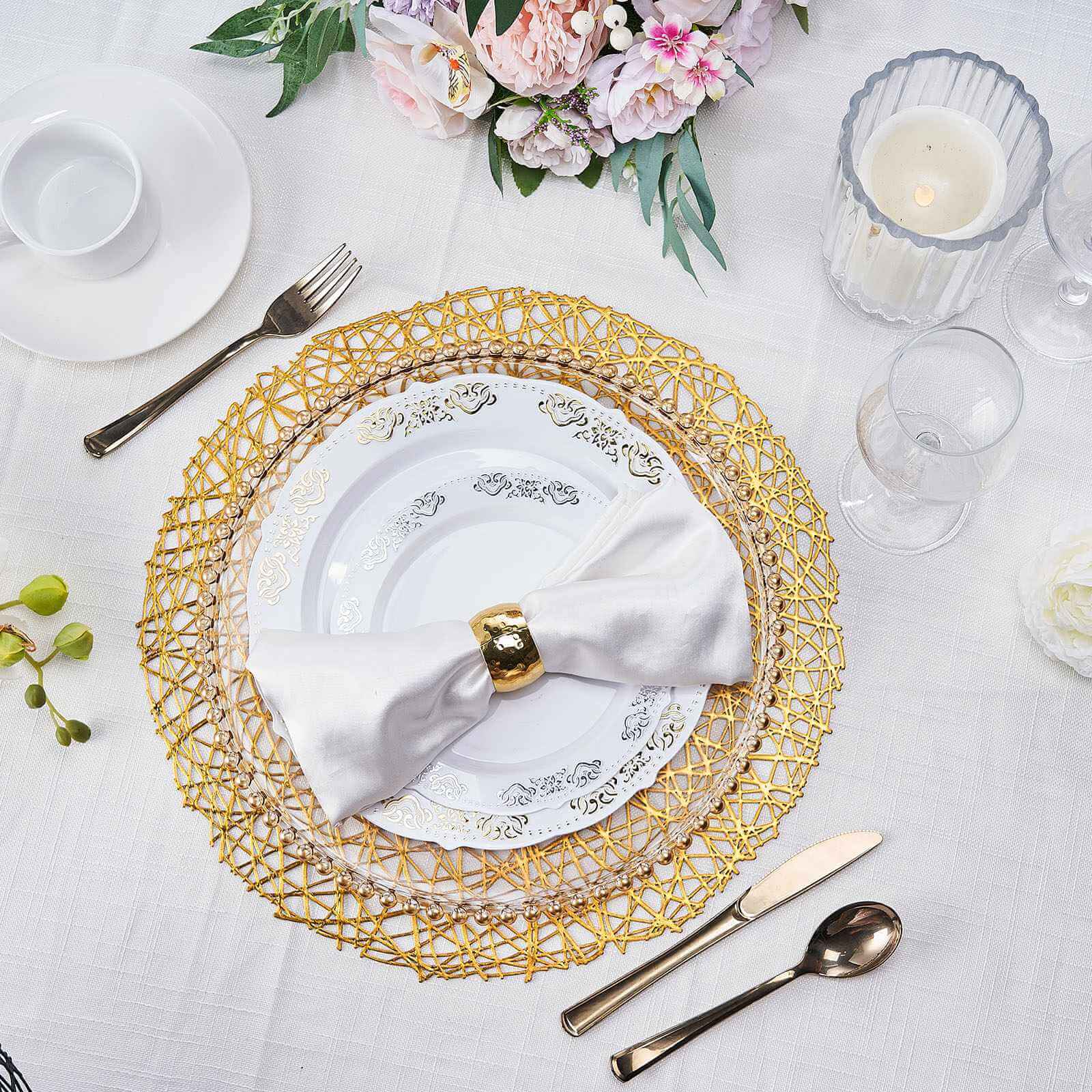 6-Piece Set of Durable Gold Vinyl Round Woven Non-Slip Dining Placemats 15