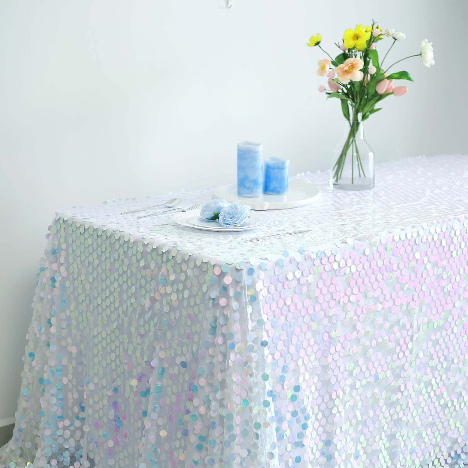 Iridescent Blue Sequin Rectangle Tablecloth - 90x132 Inches, Seamless, Perfect for Events