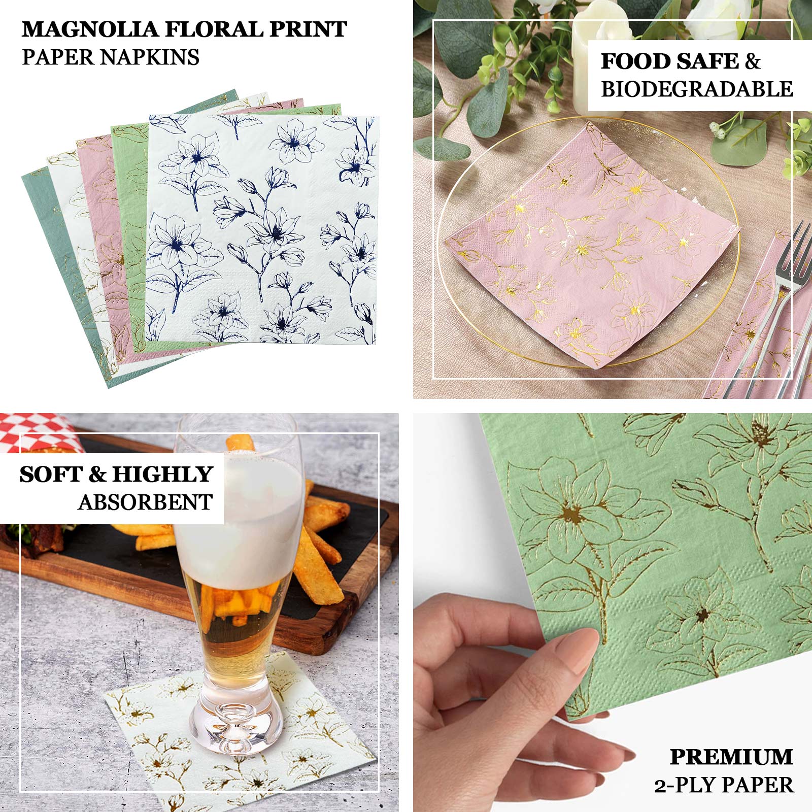 50-Pack 2-Ply Absorbent Soft White Paper Cocktail Napkins with Gold Magnolia Prints