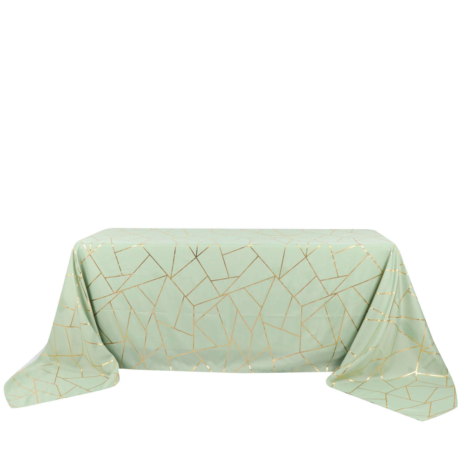 Hot Sale! Wrinkle-Resistant Polyester Rectangle Tablecloth in Sage Green with Gold Foil Geometric Pattern for Elegant Events