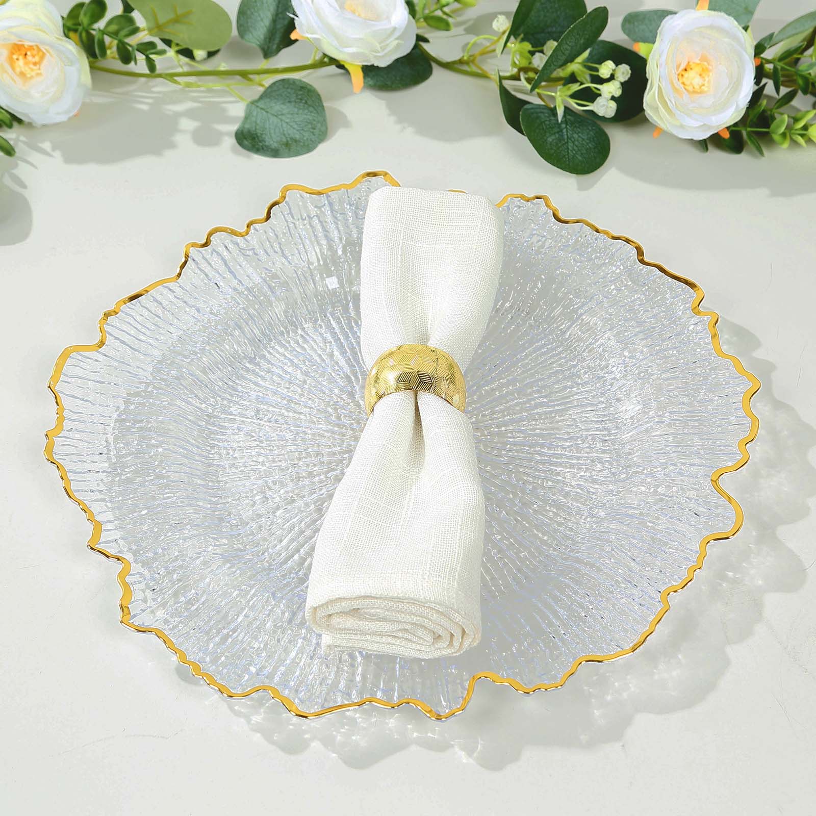 Hot Sale! 6-Pack 12-Inch Clear Plastic Round Charger Plates with Gold Reef Design for Dinner Parties