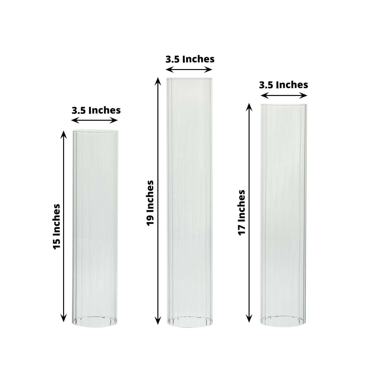 Stylish Set of 3 Clear Ribbed Glass Hurricane Shades for Candles - 15', 17', 19'