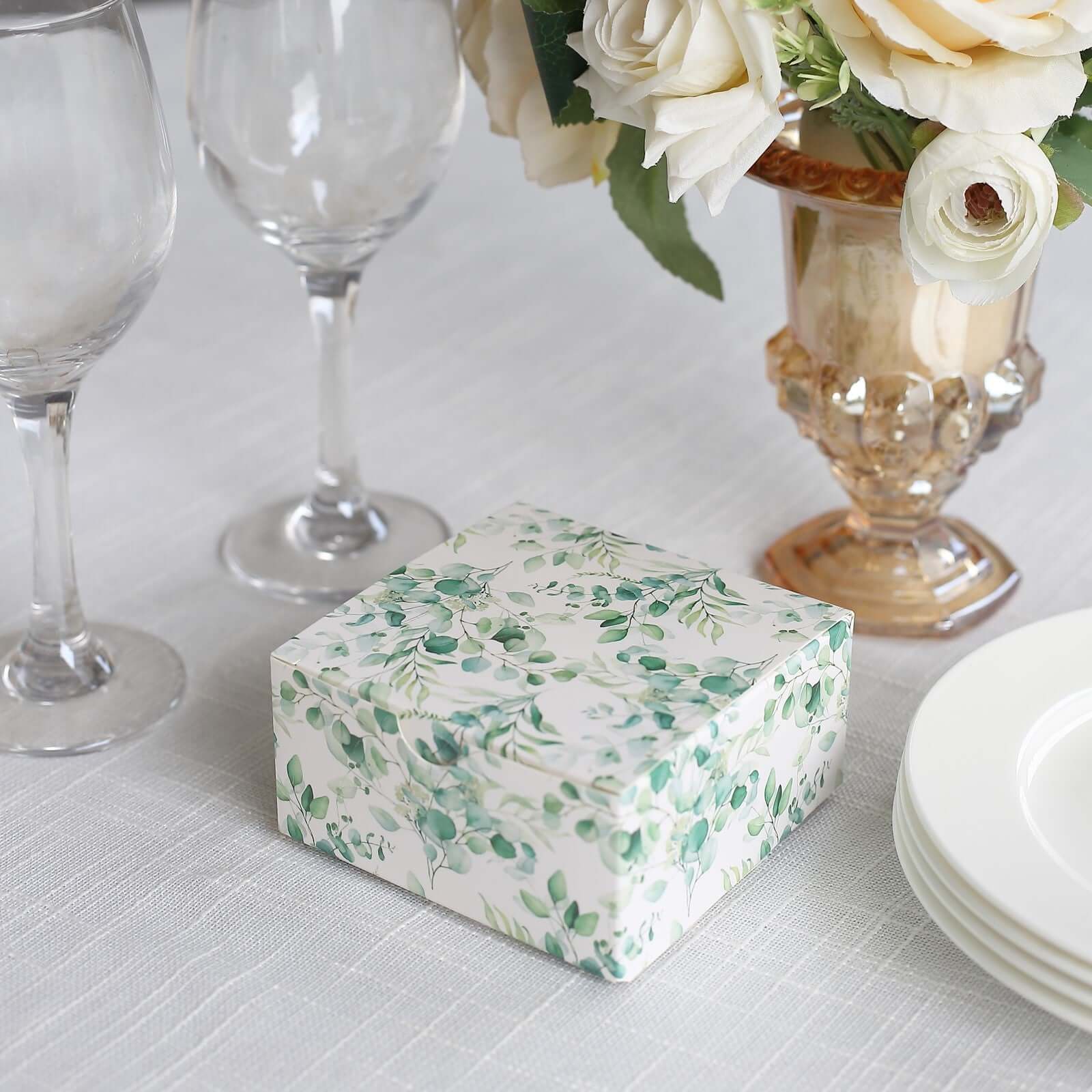 25-Pack White & Green Eucalyptus Print Cardstock Party Favor Boxes - 4x4x2, Ideal for Various Occasions