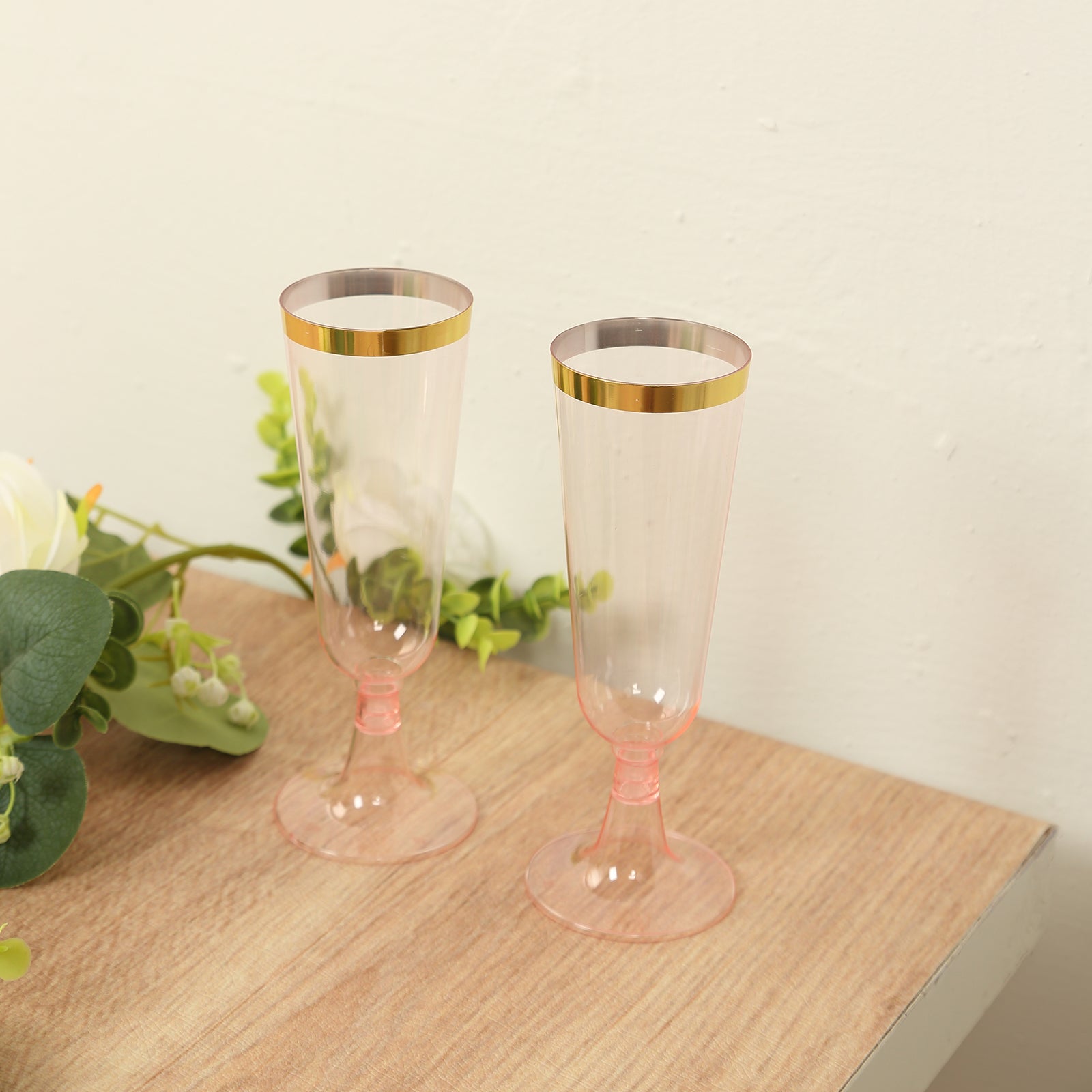 12-Pack Disposable 5oz Transparent Blush Plastic Champagne Flutes with Gold Rim for Parties