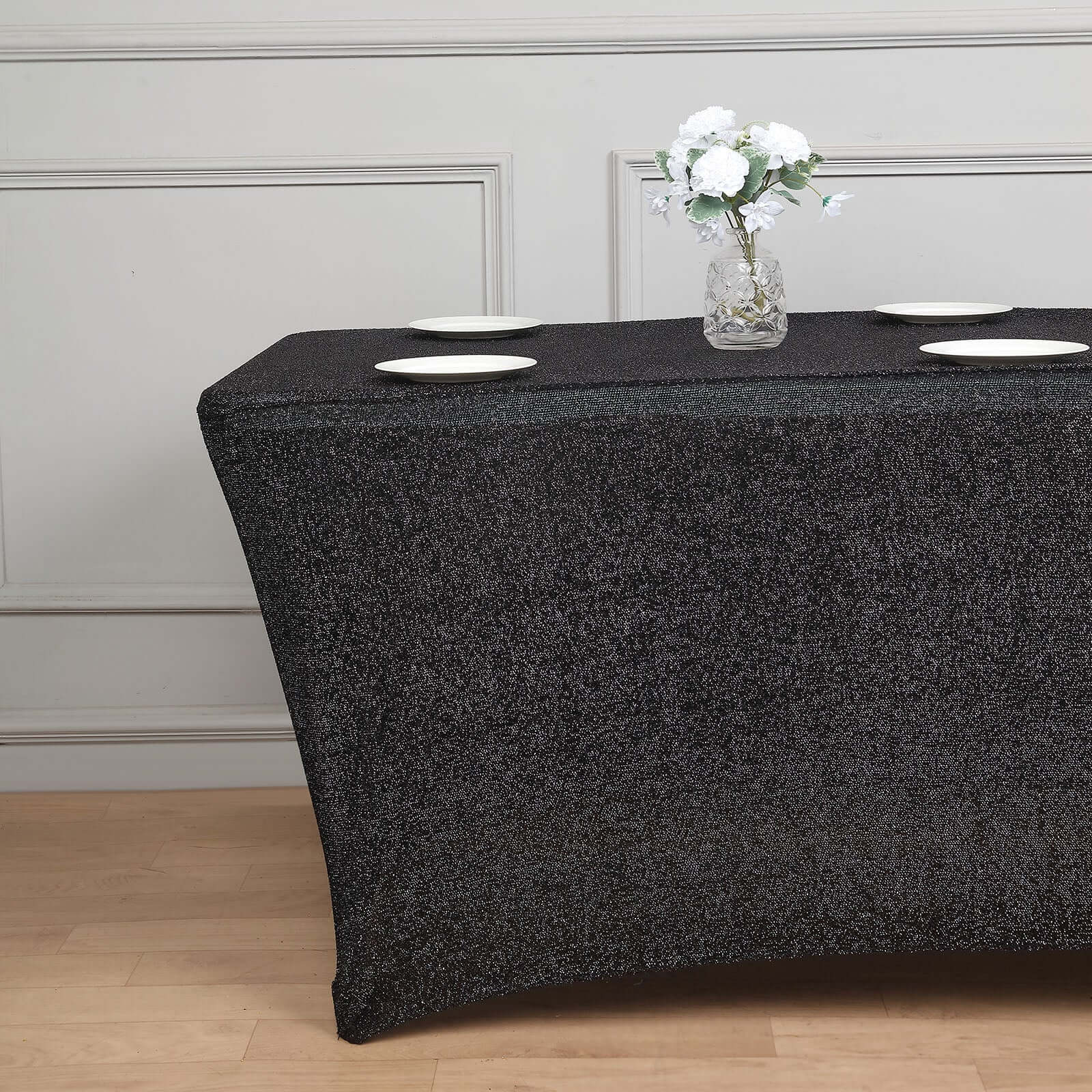 Hot! Metallic Black Shimmer Tinsel Spandex Stretch Tablecloth 72x30