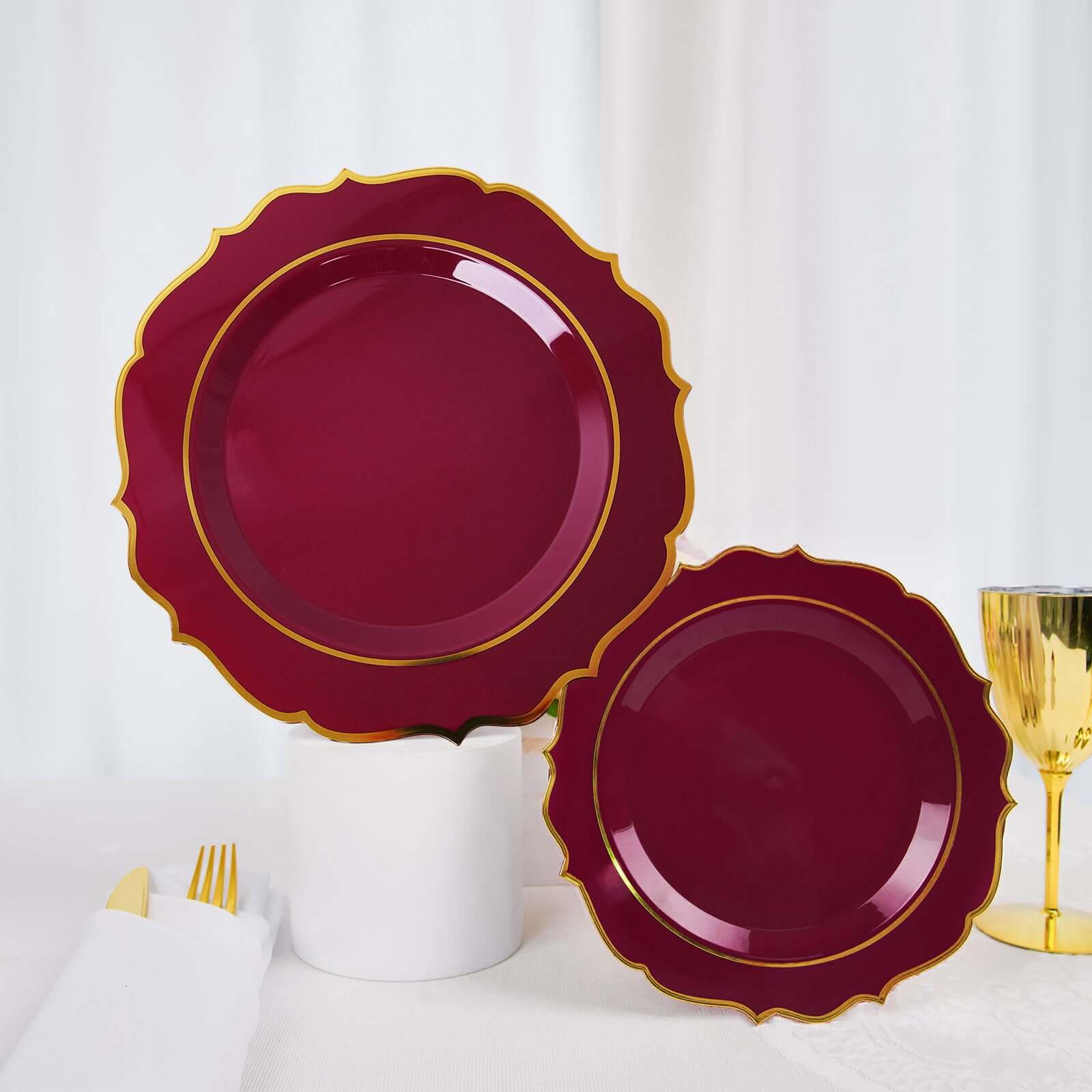 10-Pack Disposable Burgundy Plastic Round Dinner Plates with Gold Scalloped Rim - Ideal for Parties