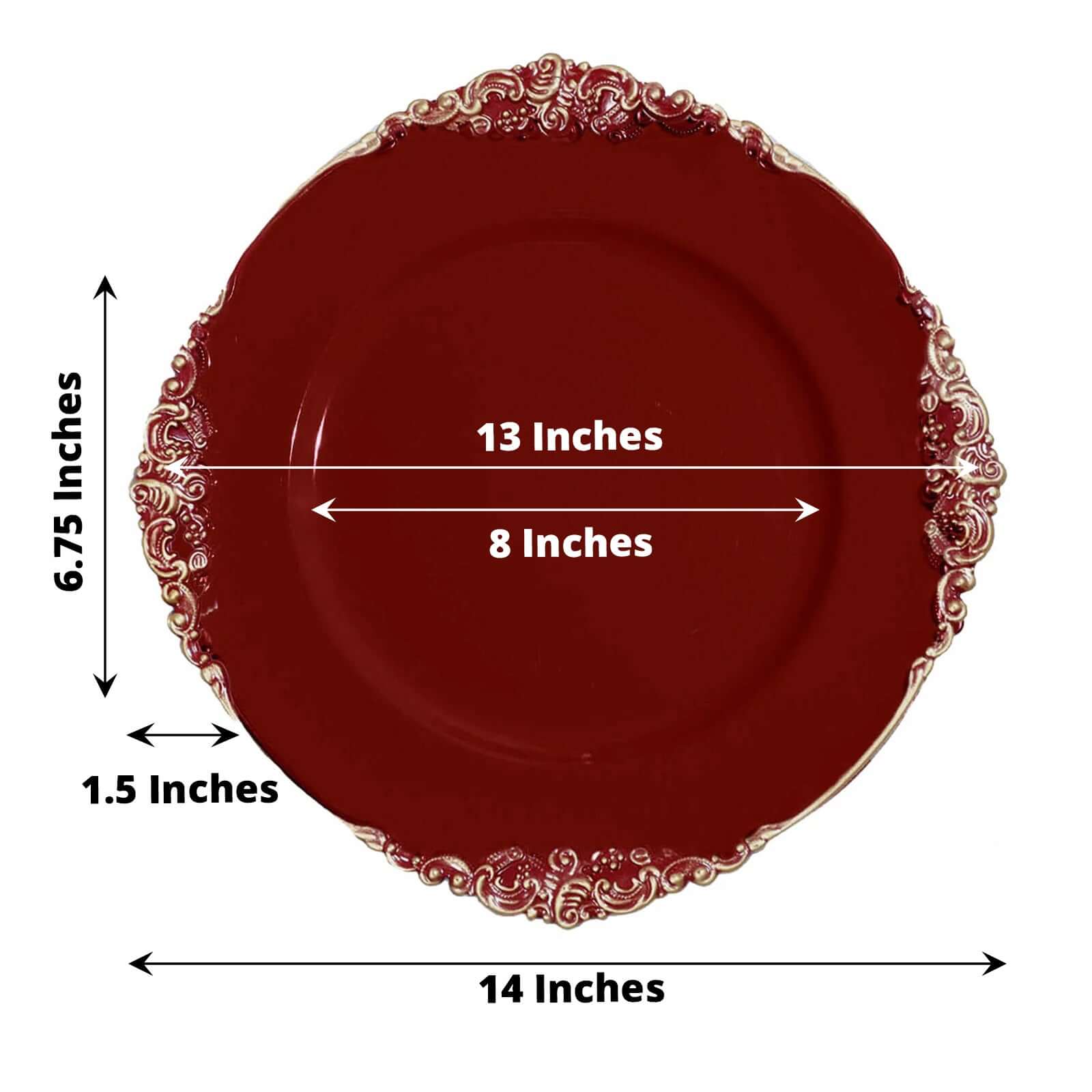 6-Piece Set of 13-Inch Burgundy Acrylic Round Charger Plates with Gold Embossed Baroque Rim for Decorative Dinners