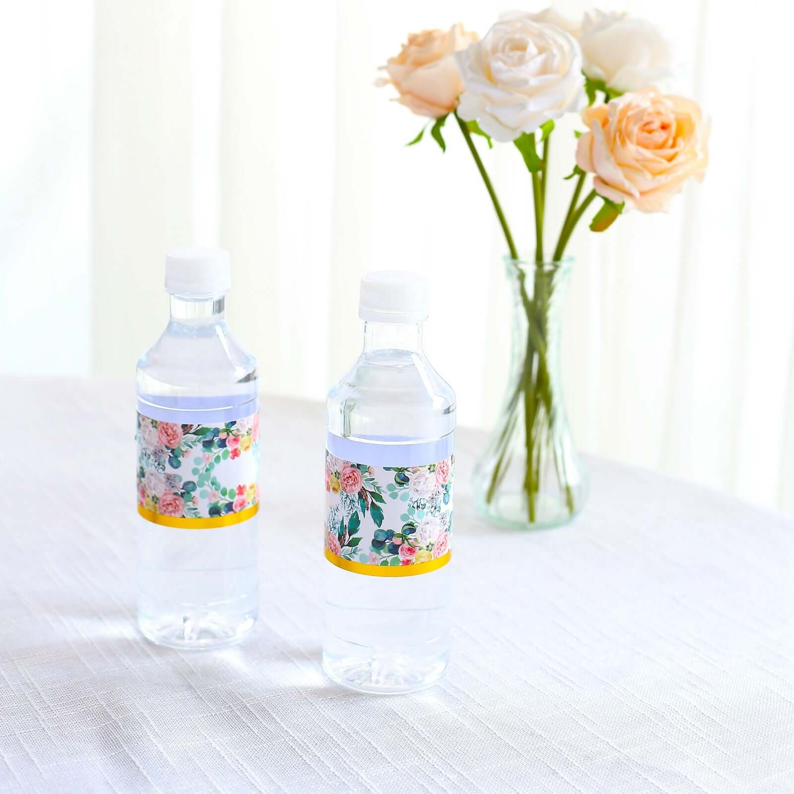 24-Pack Waterproof Water Bottle Labels: Peony Floral Design with Gold Trim in White & Pink