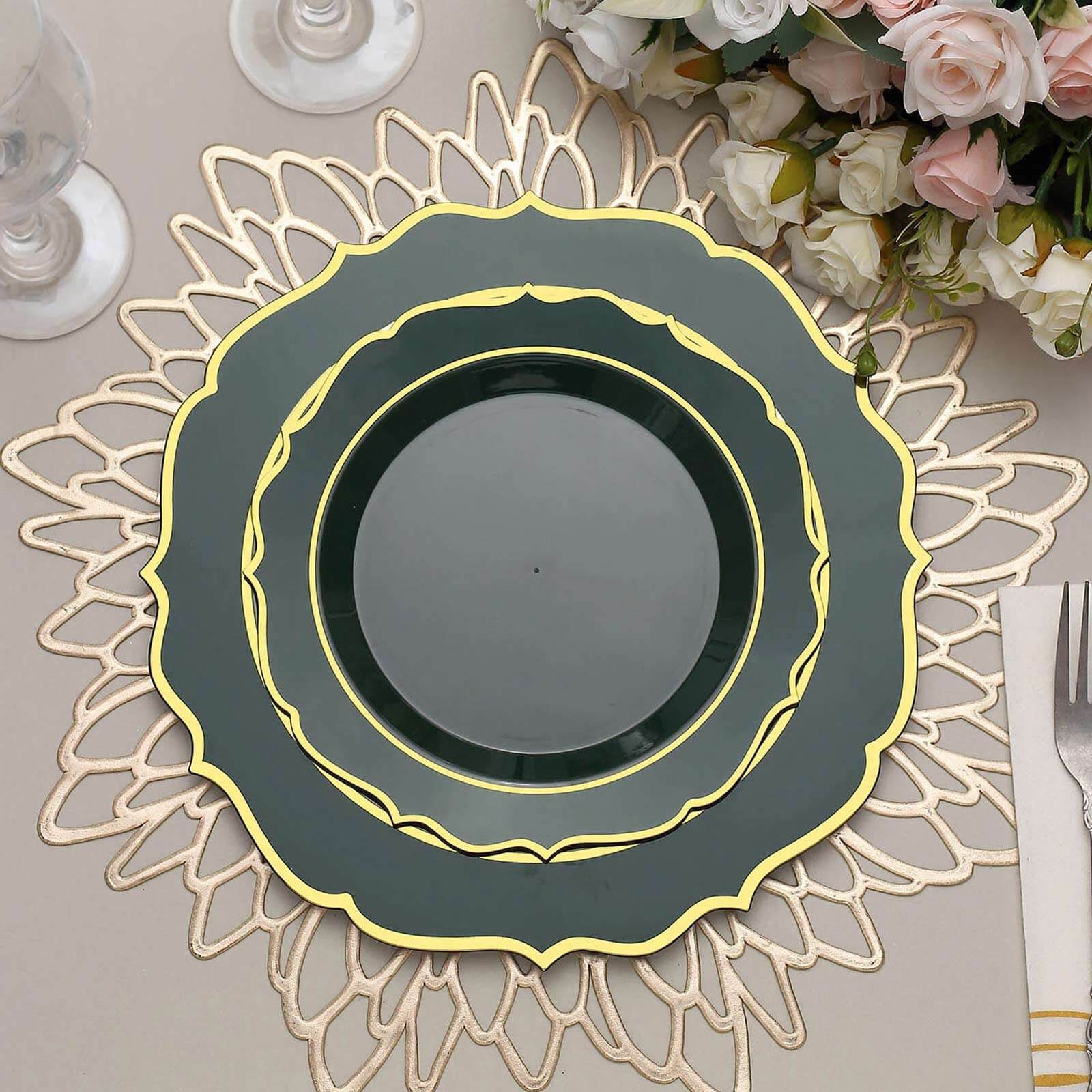 10-Pack Disposable 8-Inch Round Salad Plates in Hunter Green with Gold Scalloped Rim