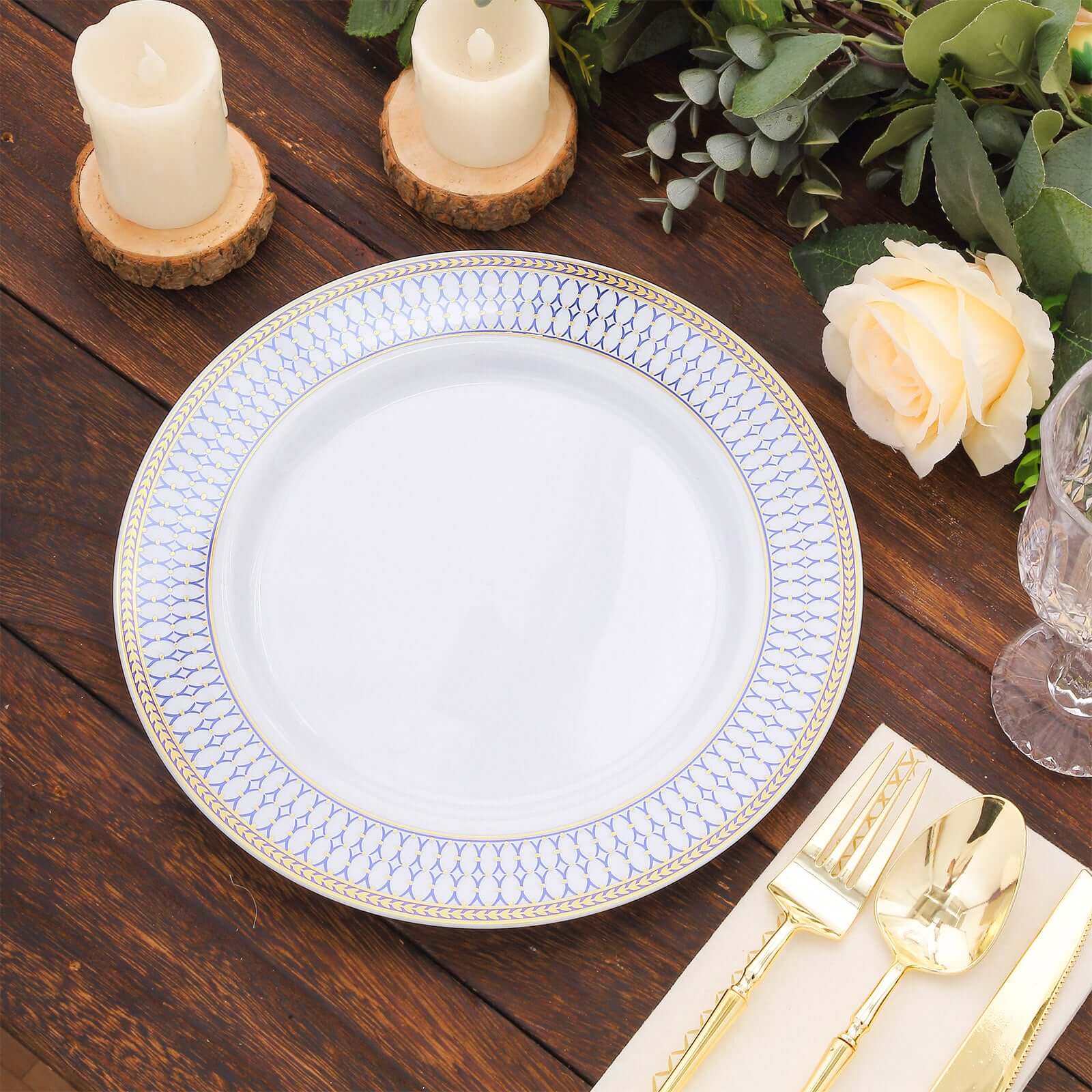 10-Pack White Disposable Dinner Plates with Gold and Navy Blue Chord Rim - Renaissance Style for Events