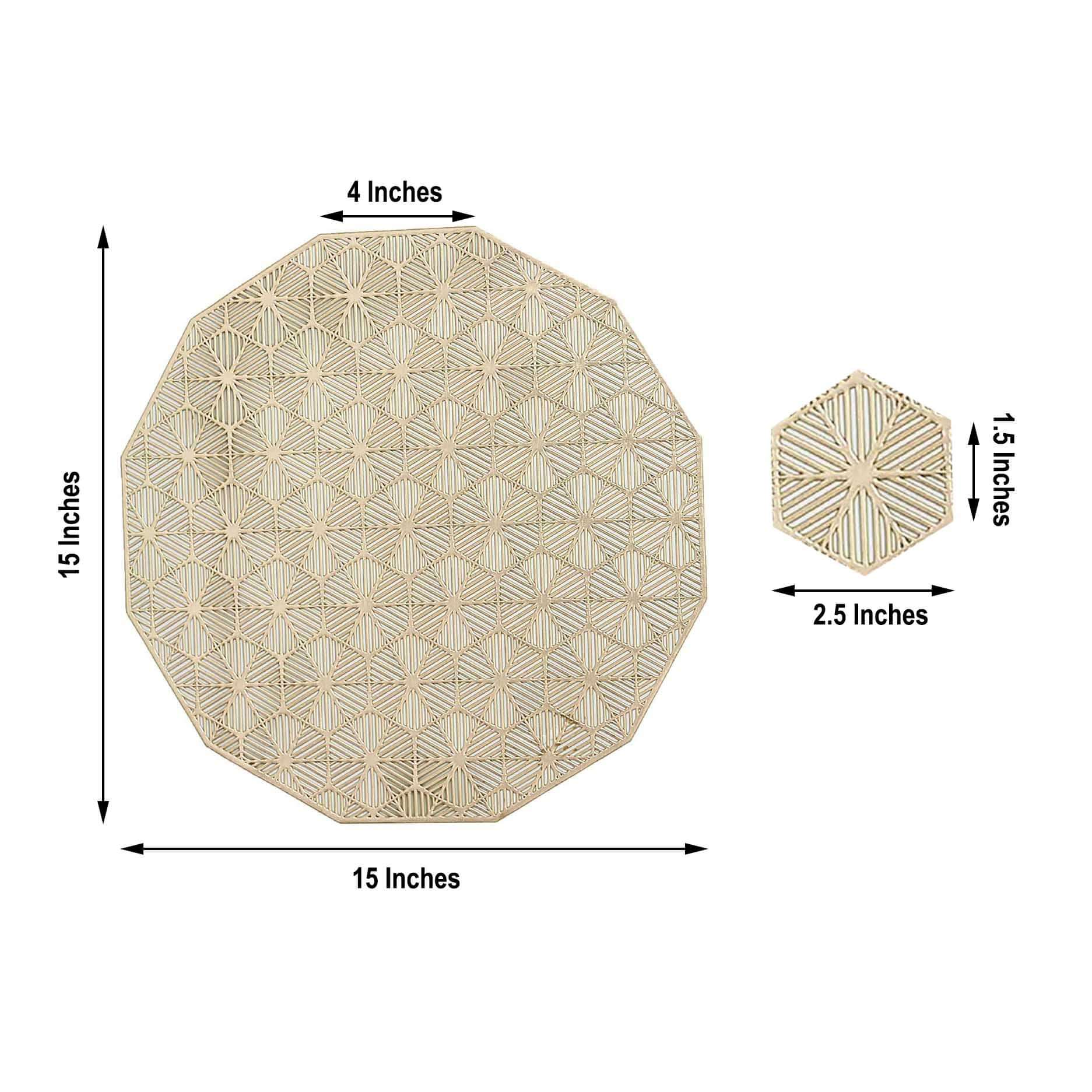 6-Piece Gold Geometric Woven Vinyl Dining Table Mats with Non-Slip Surface, 15 Inches