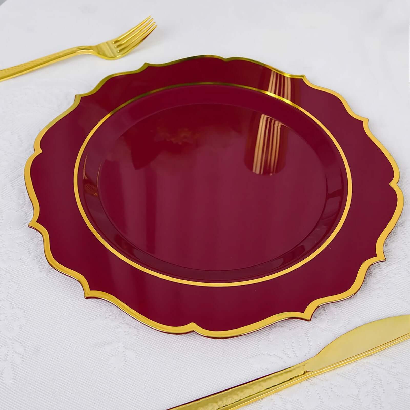 10-Pack Disposable Burgundy Plastic Round Dinner Plates with Gold Scalloped Rim - Ideal for Parties