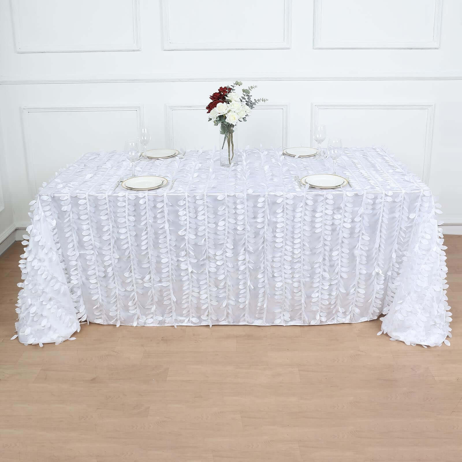 White Taffeta Rectangle Tablecloth 90x132 | 3D Leaf Petal Design for Elegant Weddings & Events