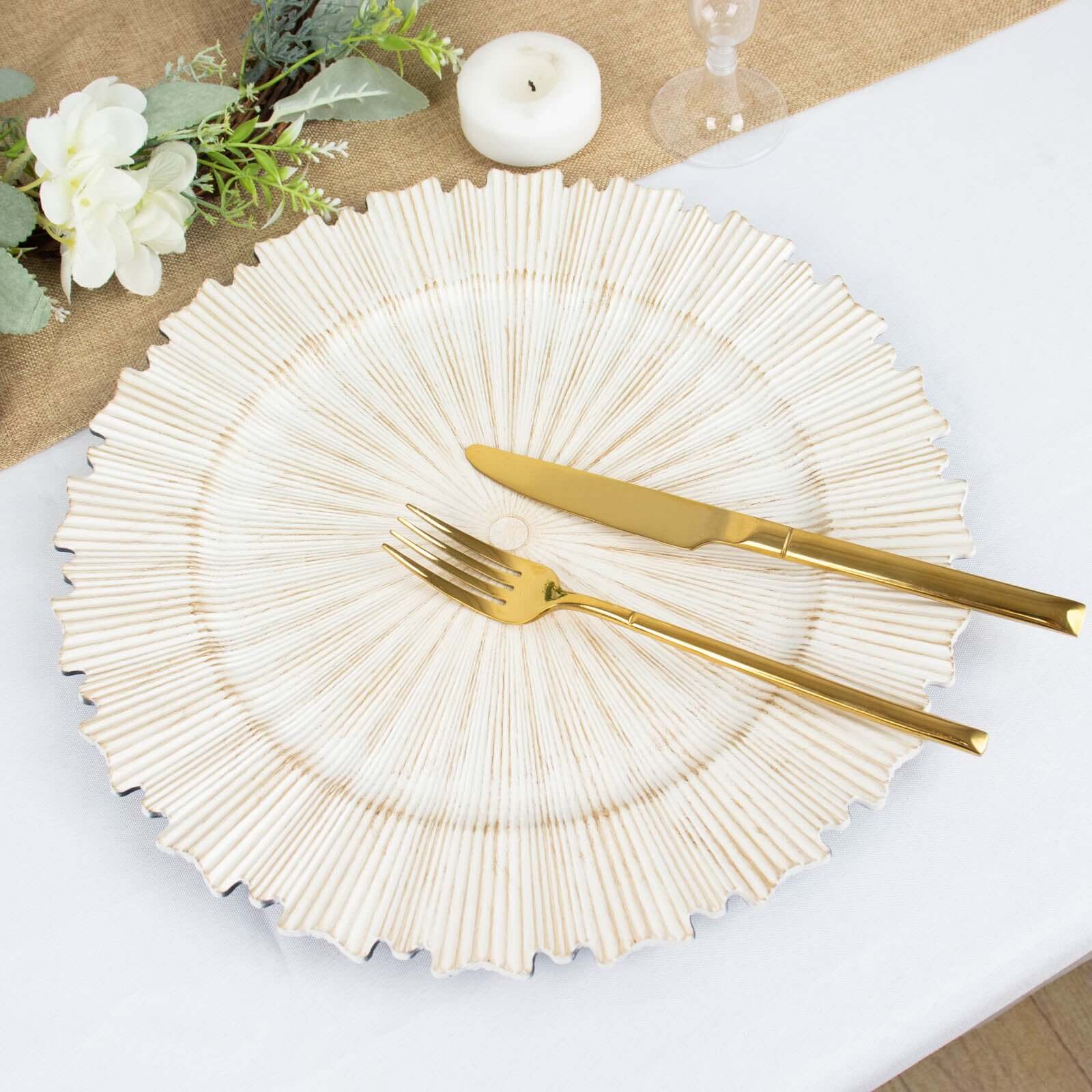 6-Piece Set of 13-Inch Washwhite Acrylic Charger Plates with Sunray Scalloped Rim for Dinner Parties