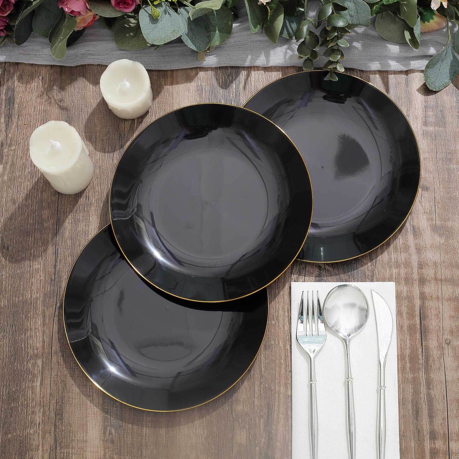 Hot Deal! 10-Pack of 8-Inch Round Black Plastic Dessert Plates with Gold Rim, Disposable and Sturdy