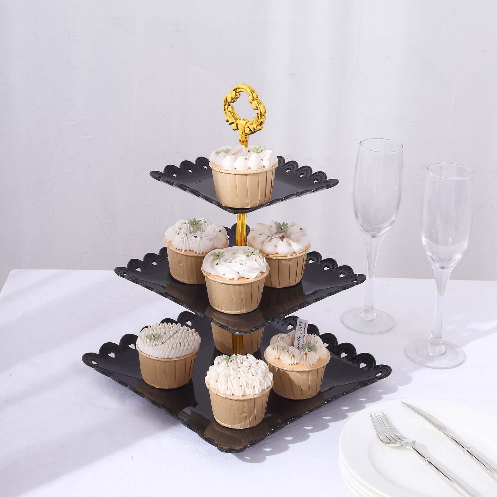 Black 3-Tier Plastic Square Cupcake Stand Tower - Ideal for Tea Parties, Weddings & Special Occasions