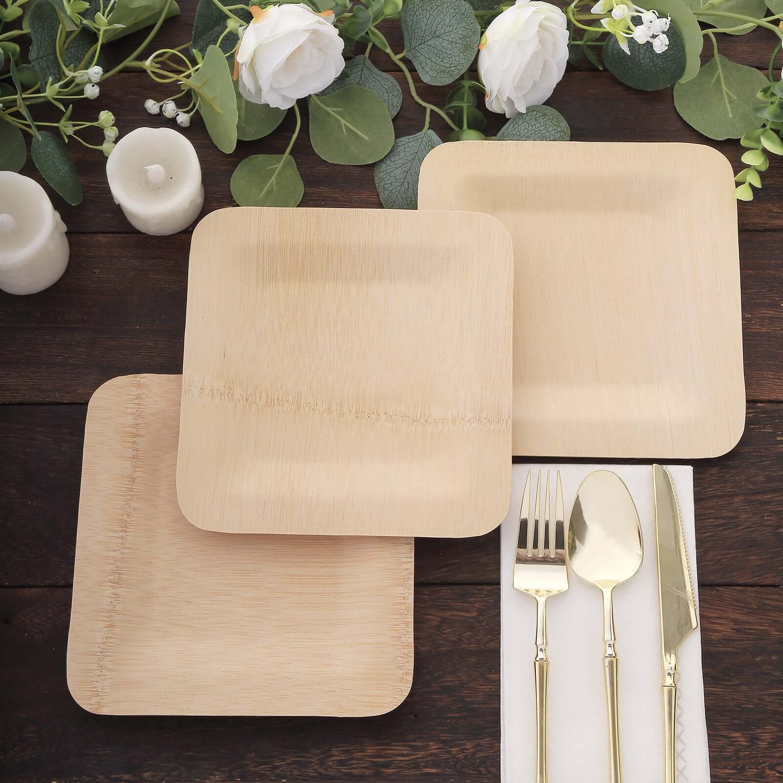 10-Pack Natural Bamboo 9 Square Dinner Plates - Eco-Friendly Disposable for Events
